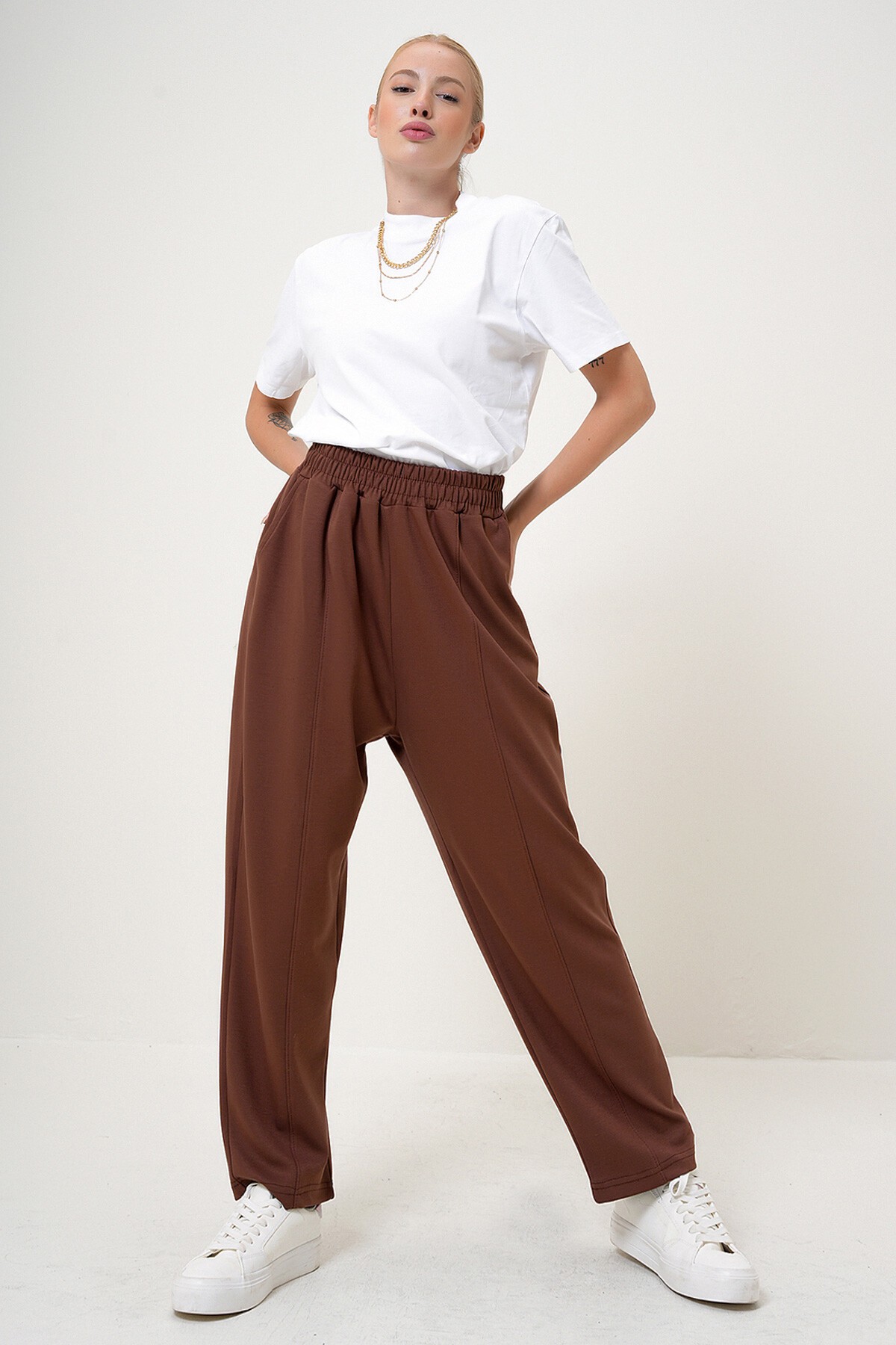 Kahve Beli Lastikli Çift Cepli Şalvar Kesim Modal Pantolon