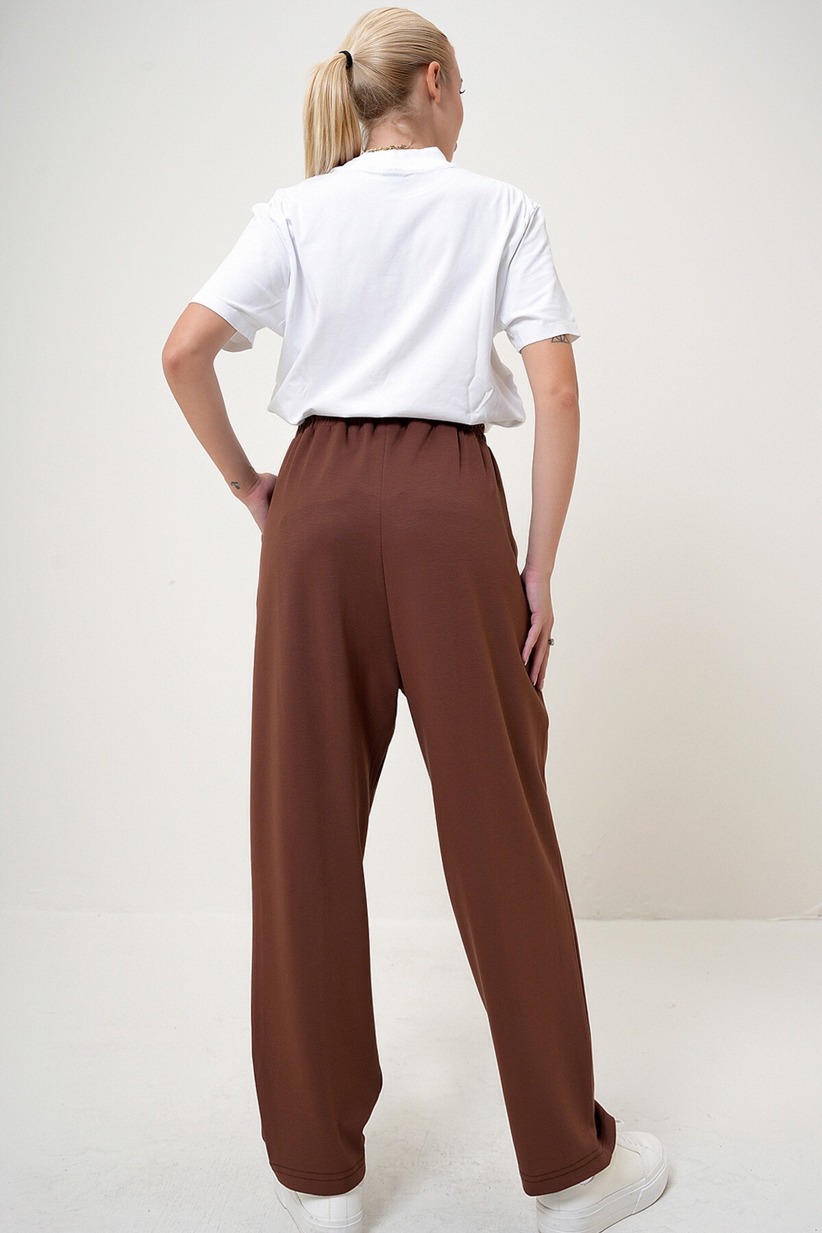 Kahve Beli Lastikli Çift Cepli Şalvar Kesim Modal Pantolon