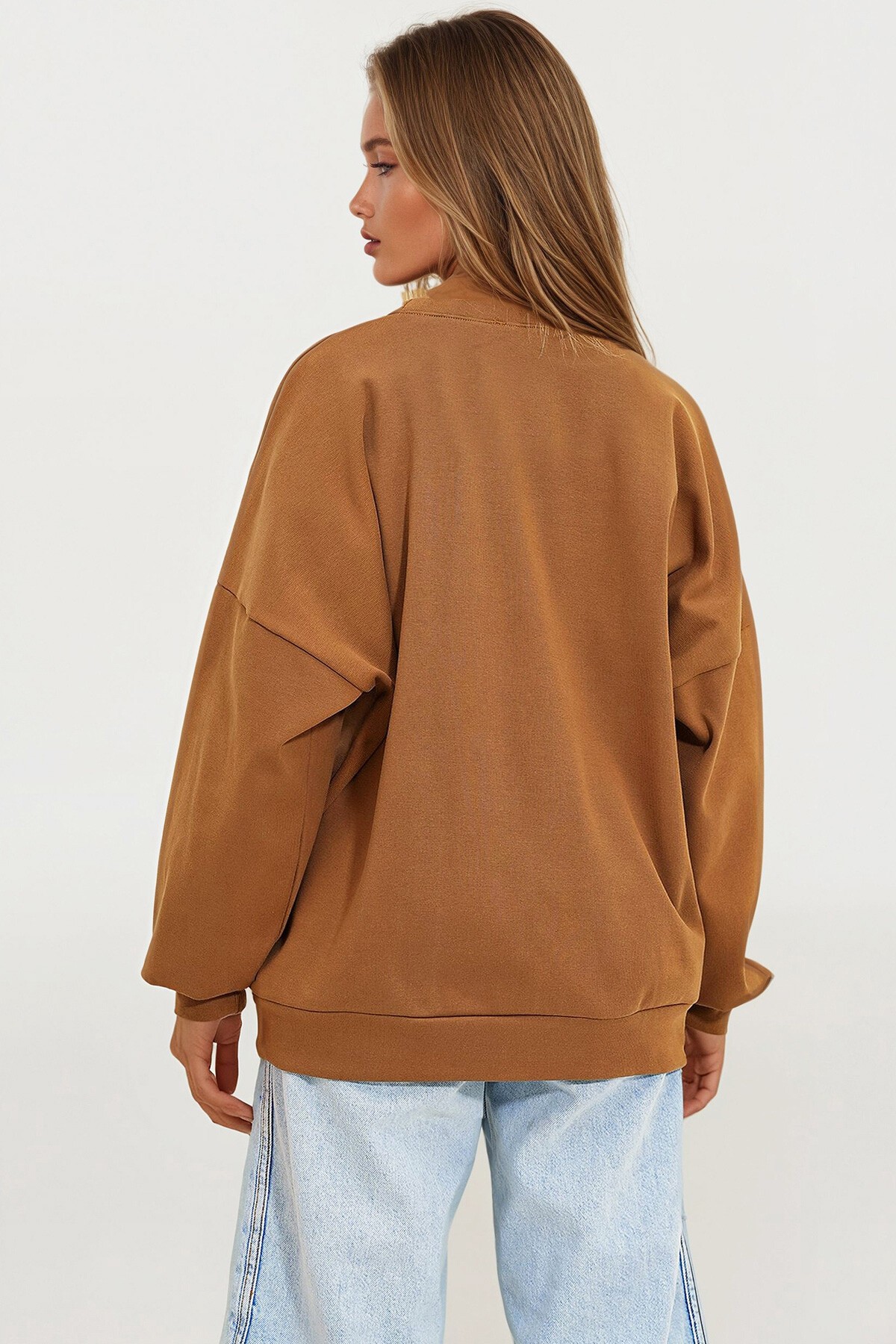 Kahve Bisiklet Yaka Kalın Oversize Sweatshirt