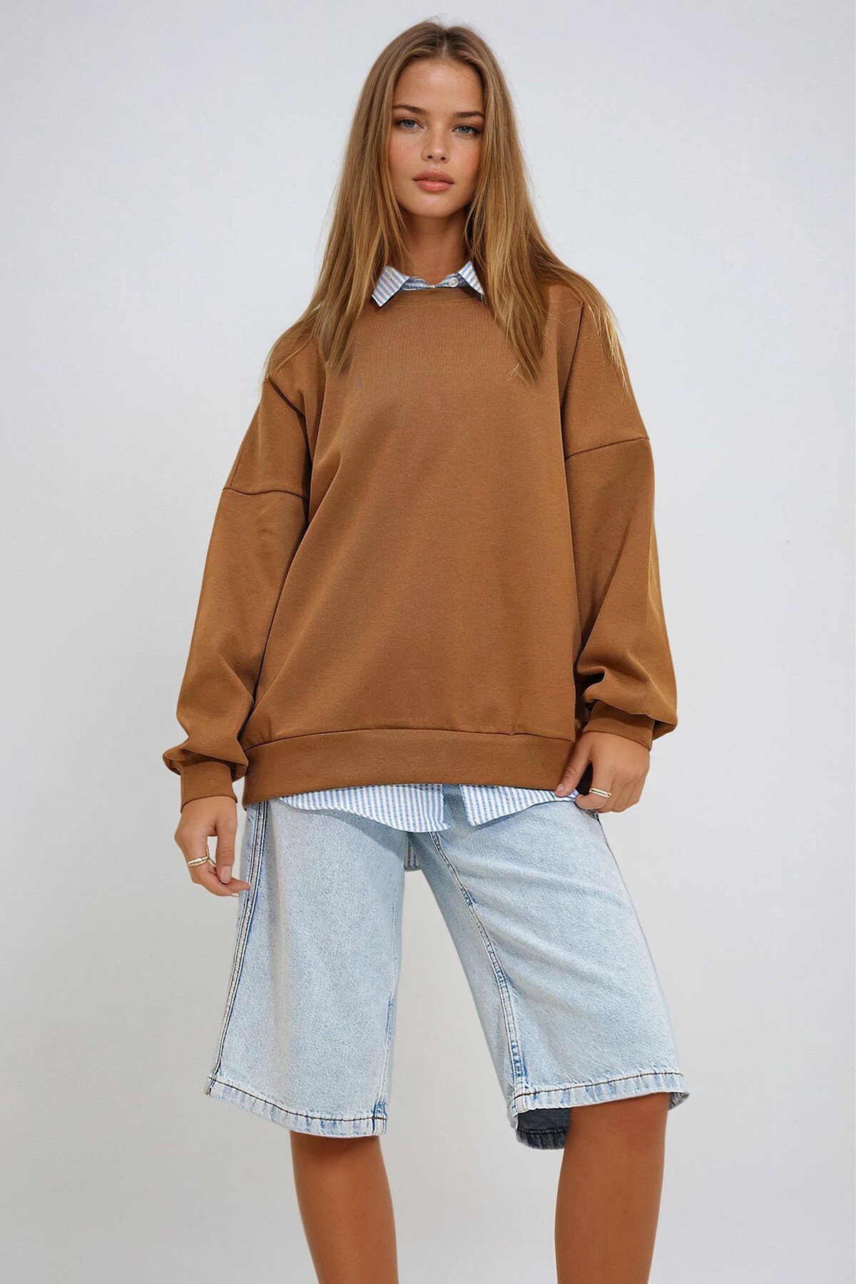 Kahve Bisiklet Yaka Oversize Sweatshirt