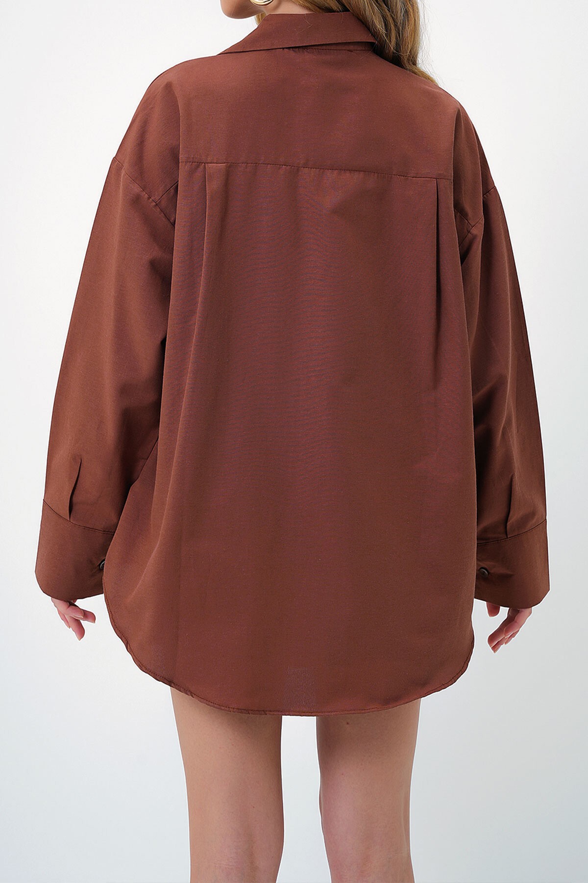 Kahve Oversize Uzun Dokuma Gömlek