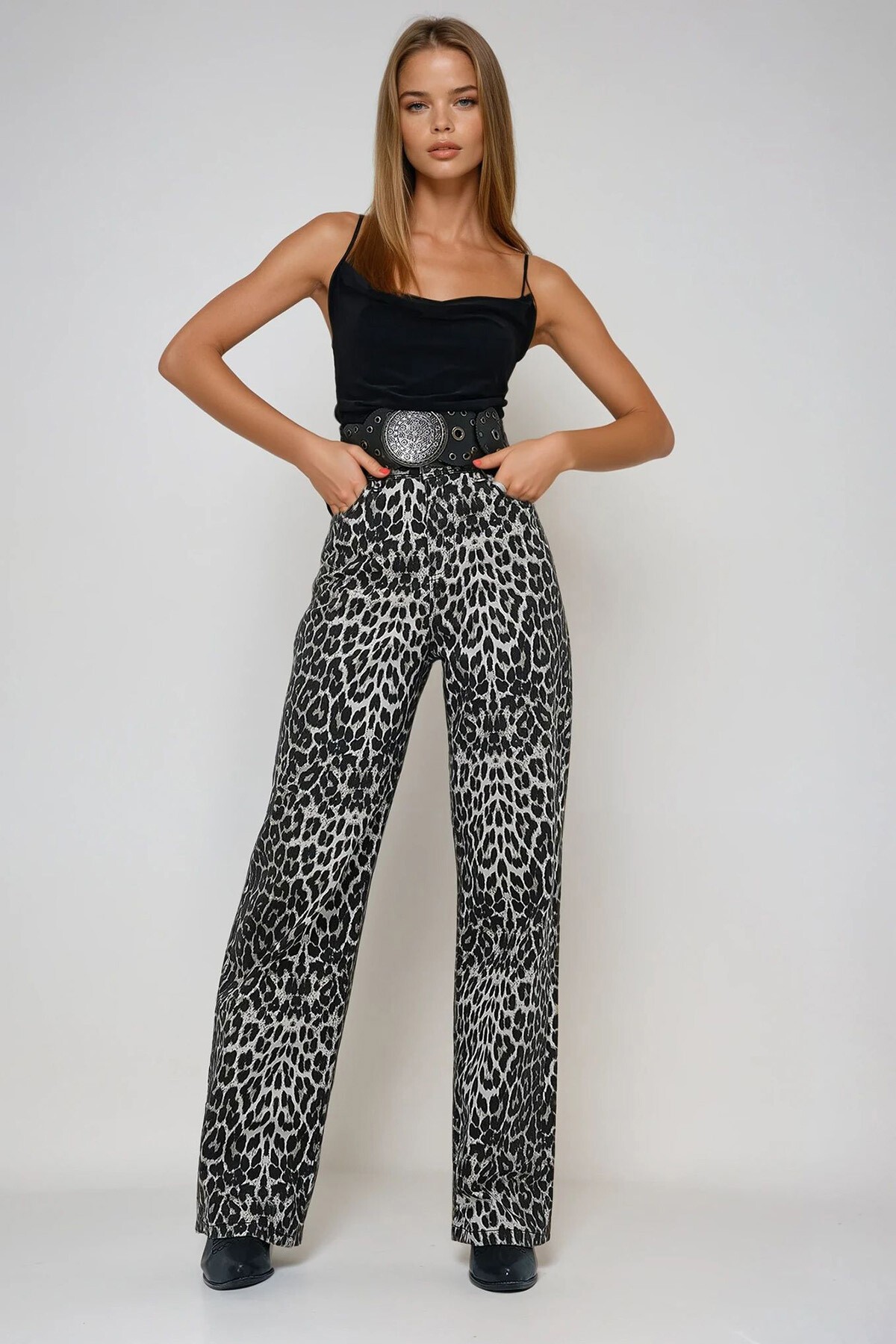 Kahve Siyah Yüksek Bel Desenli Palazzo Pantolon