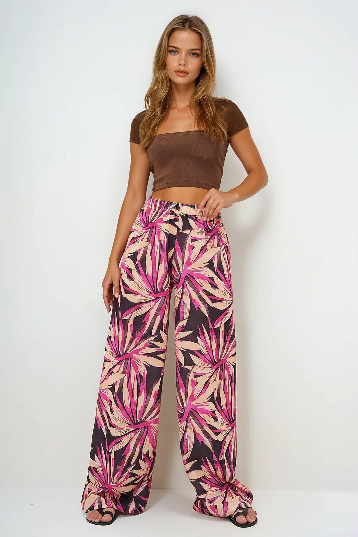 Kahverengi Bej Beli Lastikli Desenli  Geniş Paça Pantolon