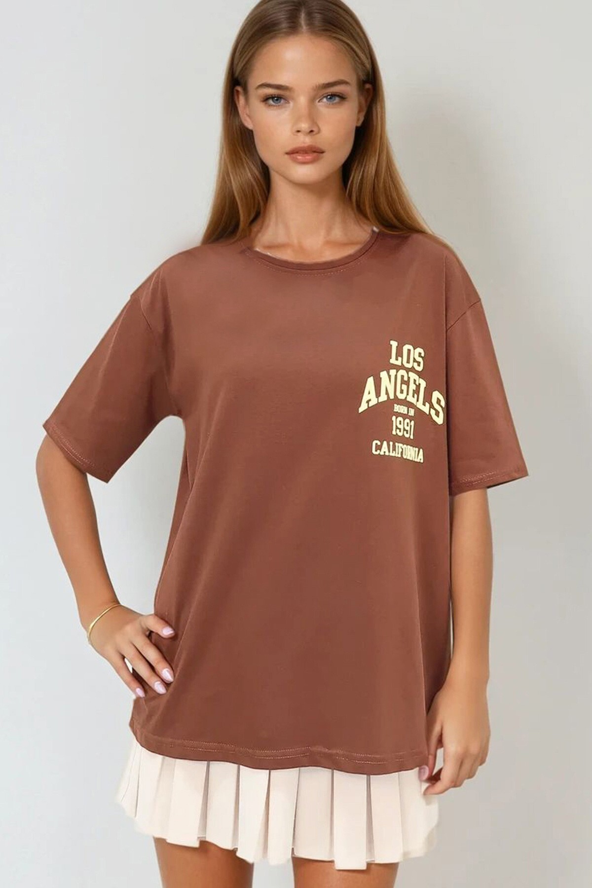 Kahverengi Bisiklet Yaka Baskılı Oversize T Shirt