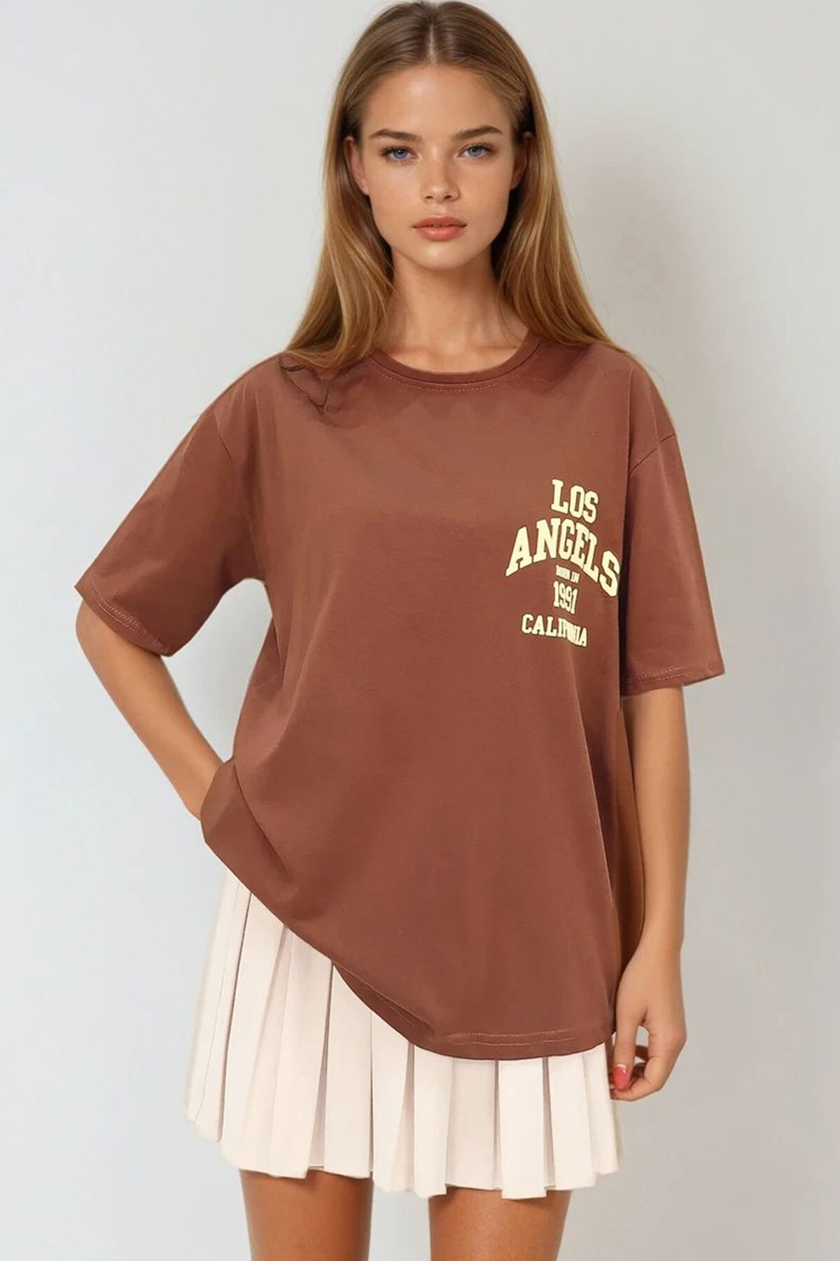 Kahverengi Bisiklet Yaka Baskılı Oversize T Shirt