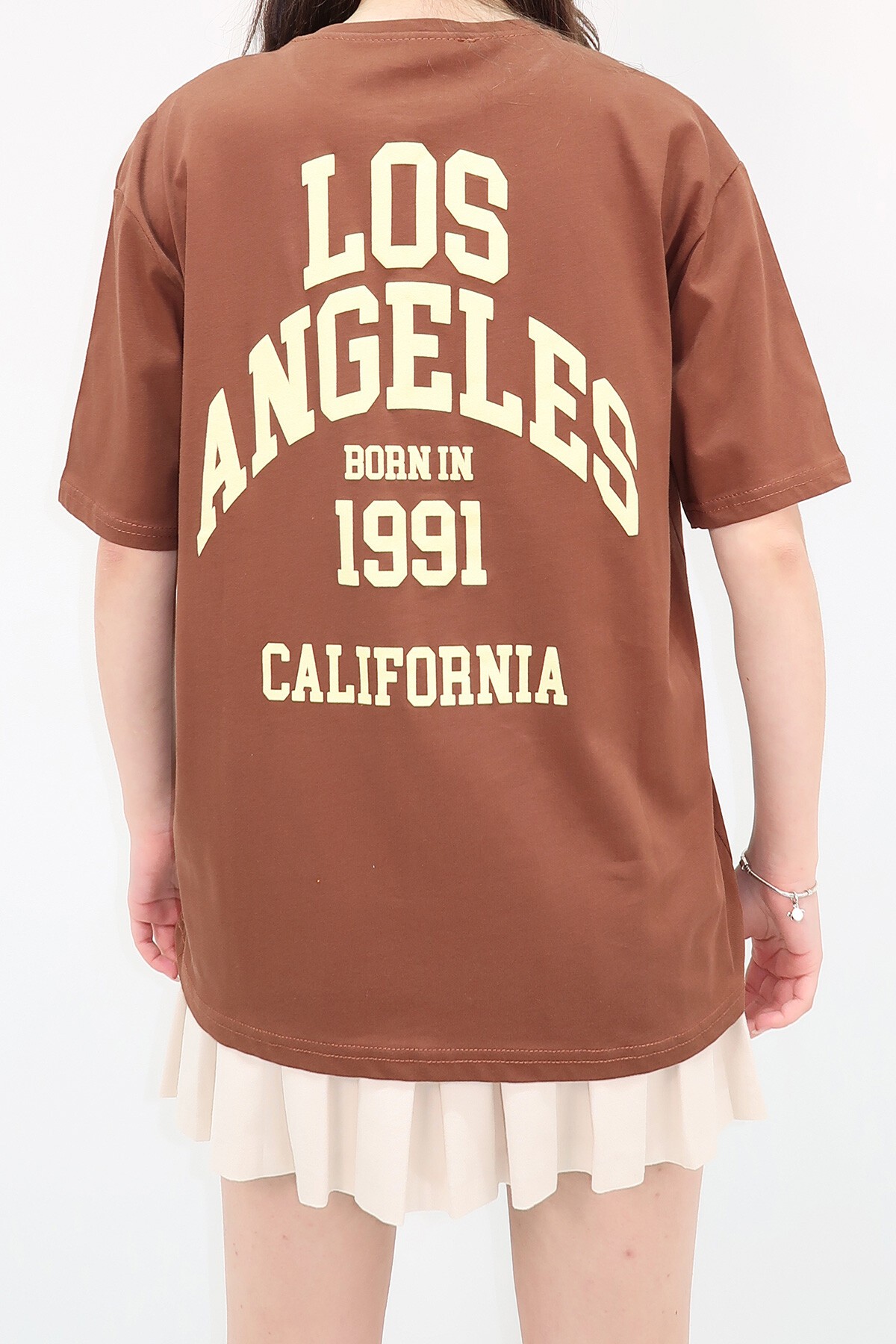 Kahverengi Bisiklet Yaka Baskılı Oversize T Shirt