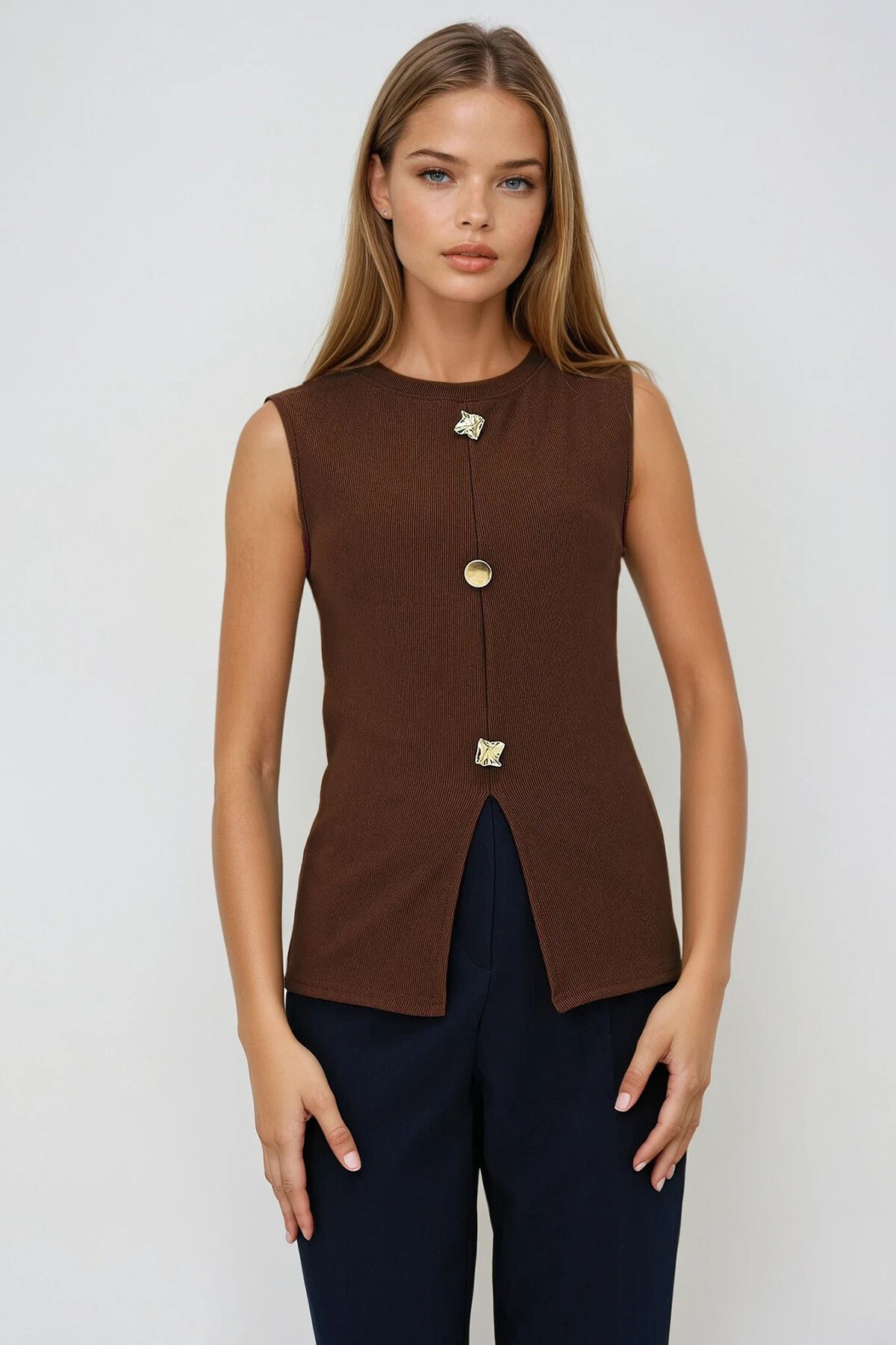 Kahverengi Bisiklet Yaka Gold Düğmeli Ottoban Bluz