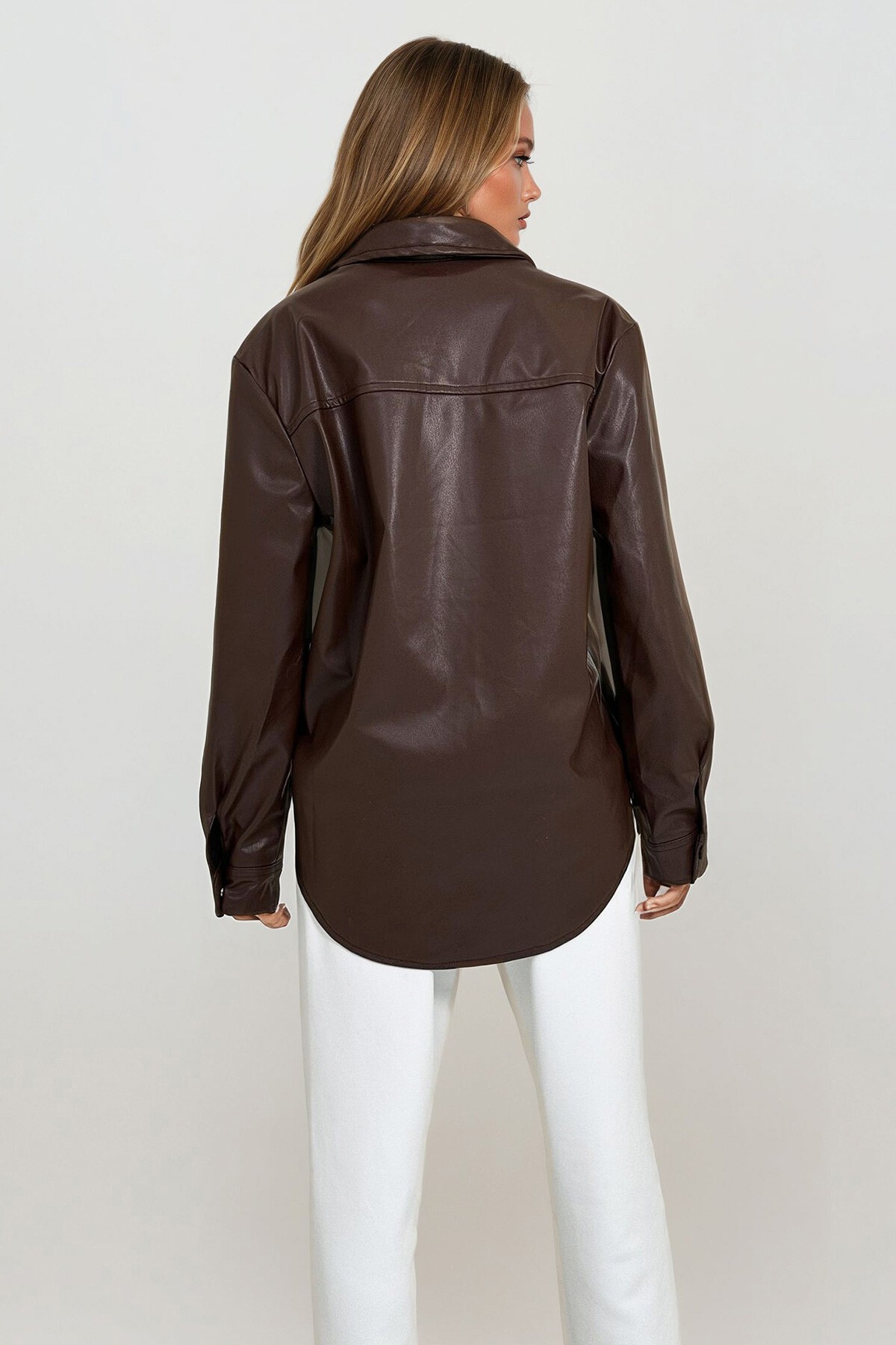 Kahverengi Çift Cepli Çıtçıt Kapamalı Oversize Suni Deri Ceket