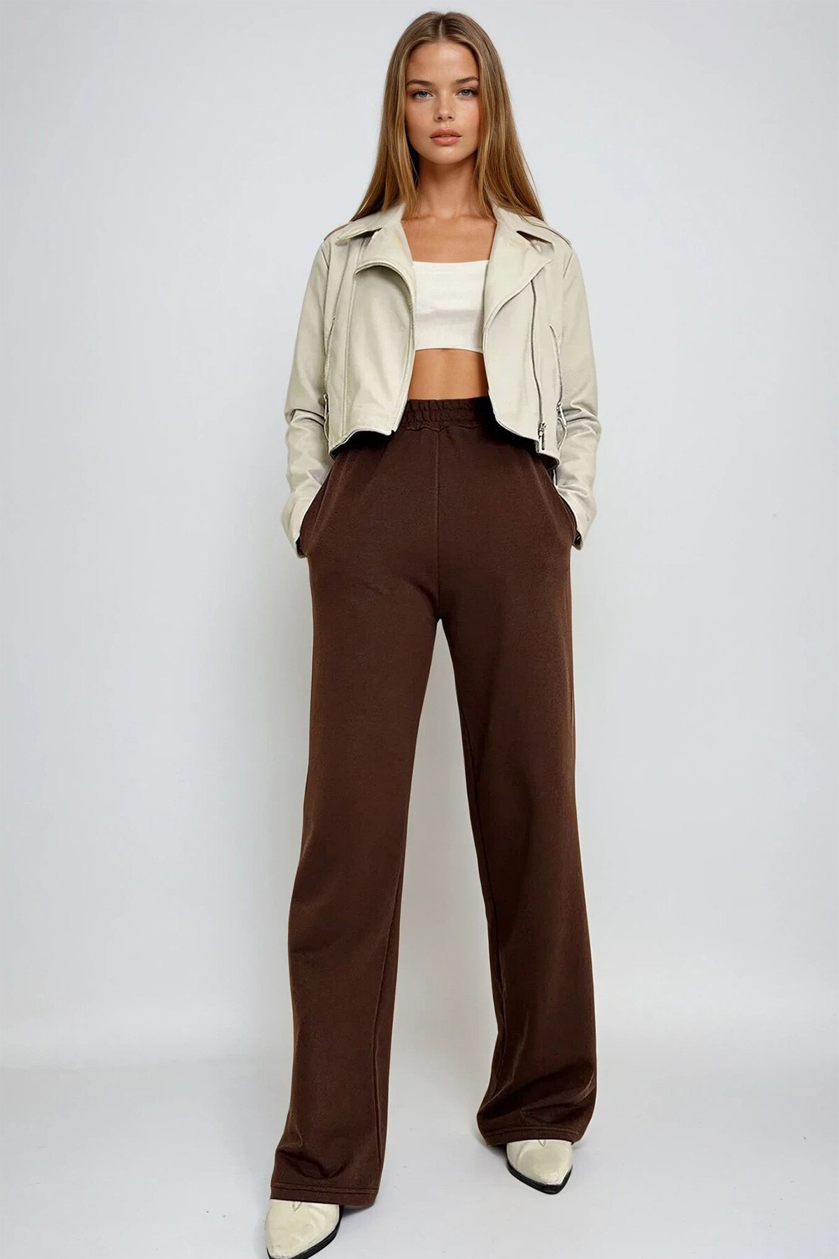 Kahverengi Çift Cepli Lastikli Yanları Şeritli Wide Leg Pantolon