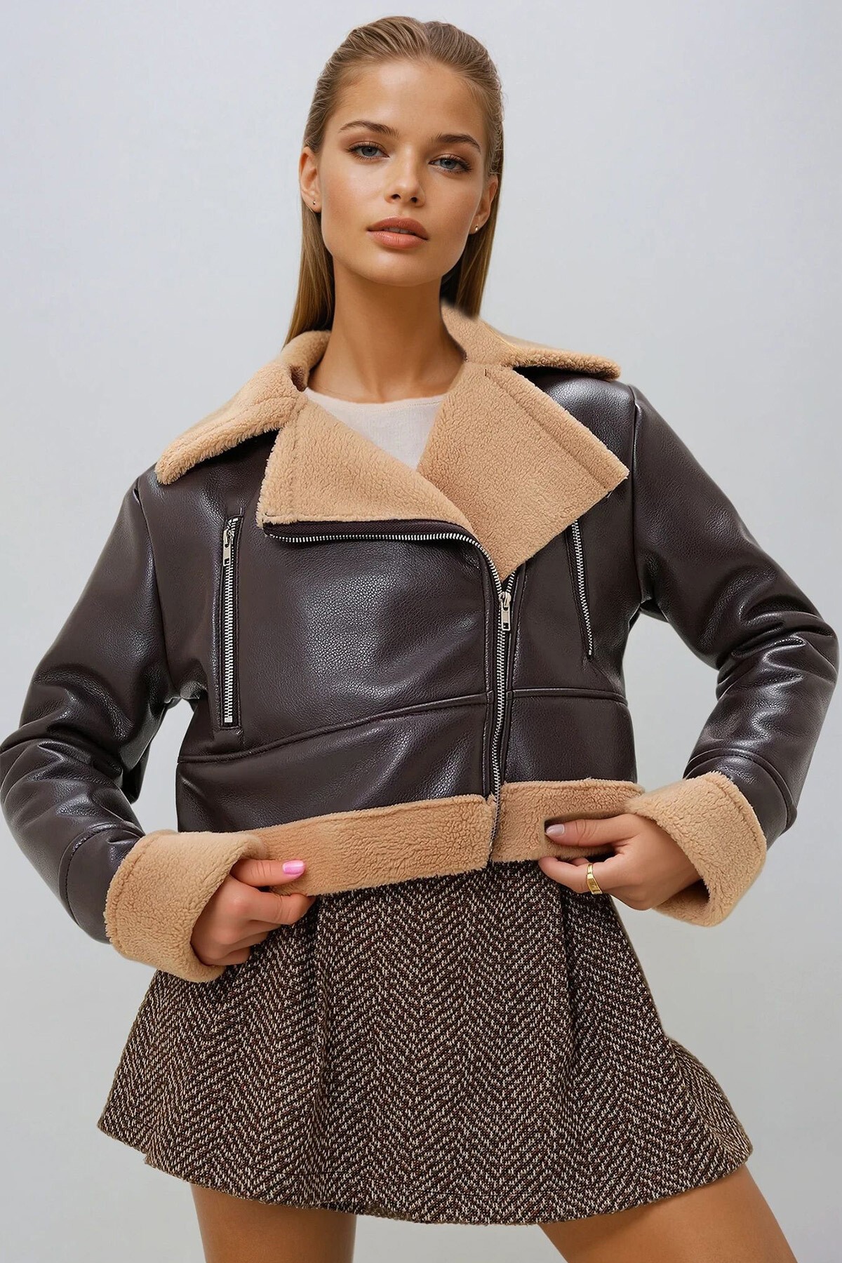 Kahverengi Erkek Yaka Fermuar Detaylı İçi Kürüklü Suni Deri Biker Ceket