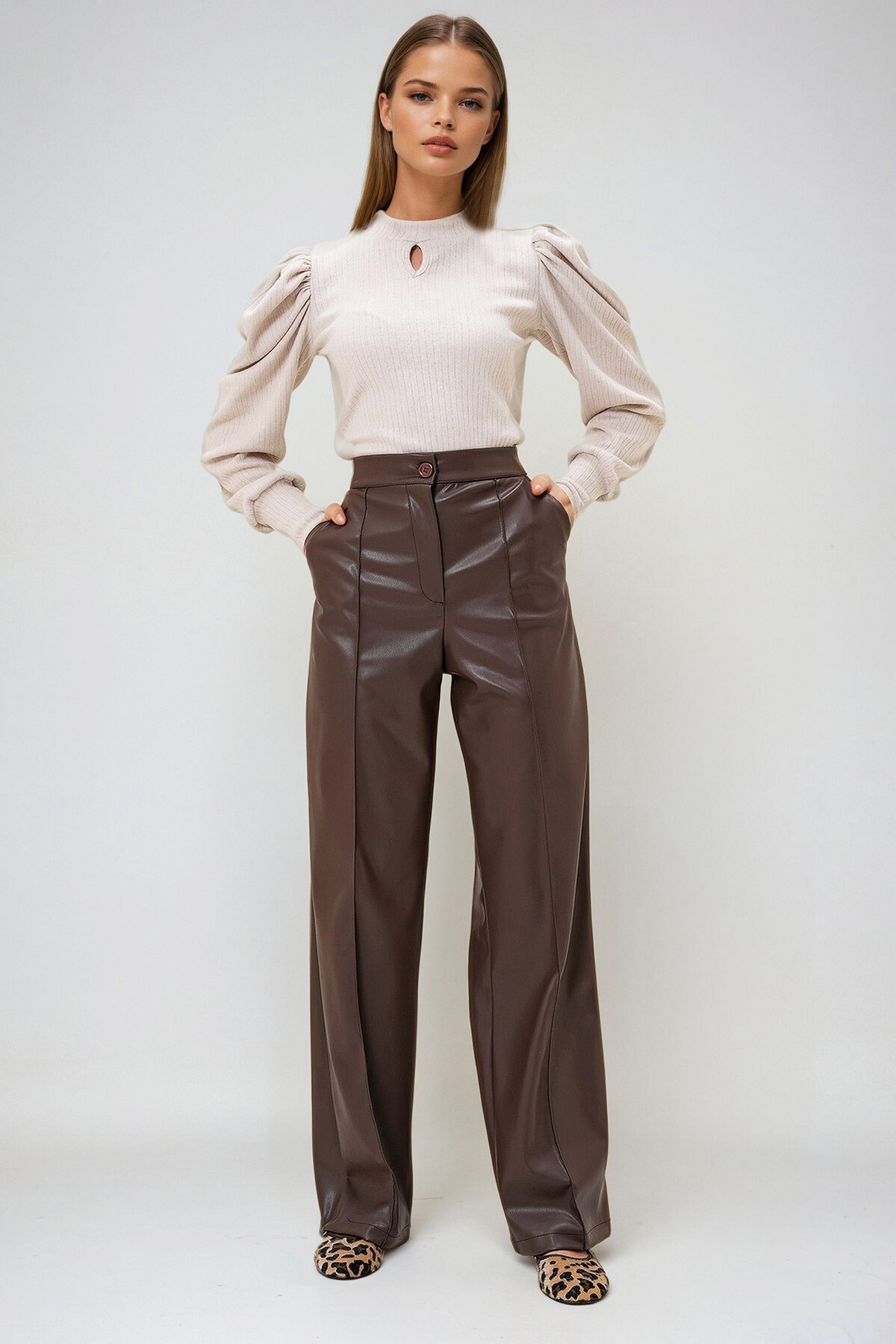 Kahverengi Önü Dikişli Çift Cepli Suni Deri Palazzo Pantolon