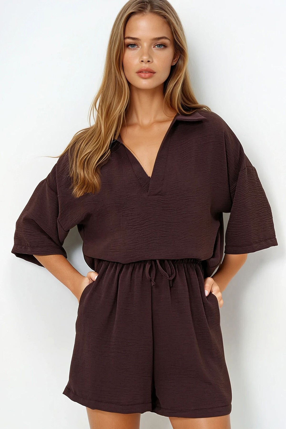 Kahverengi Polo Yaka Aerobin Bluz Ve Şort Takım