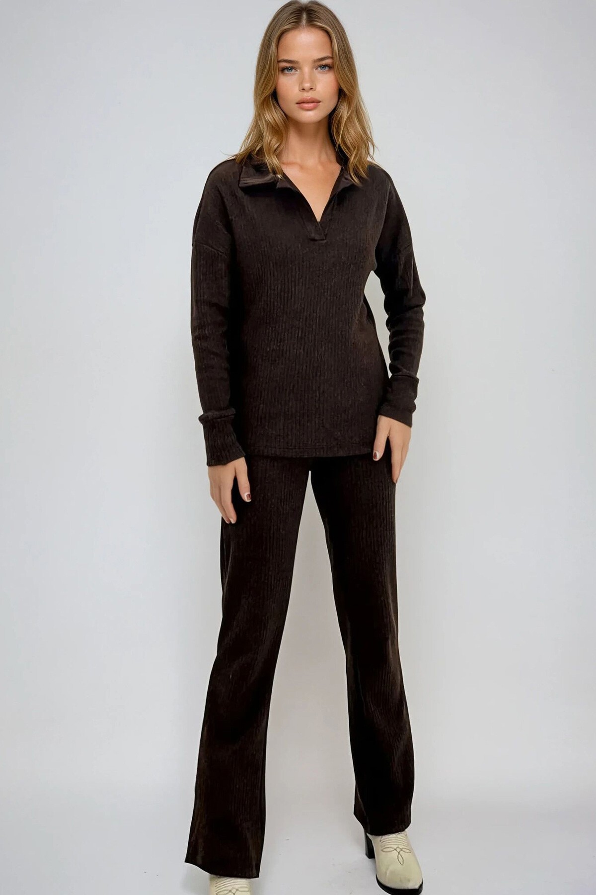 Kahverengi Polo Yaka Üst Ve Palazzon Pantolon Triko Alt Üst Takım