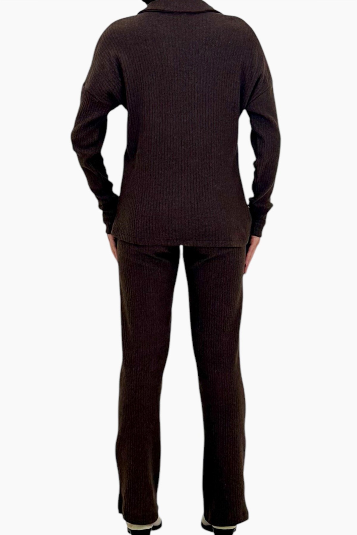 Kahverengi Polo Yaka Üst Ve Palazzon Pantolon Triko Alt Üst Takım