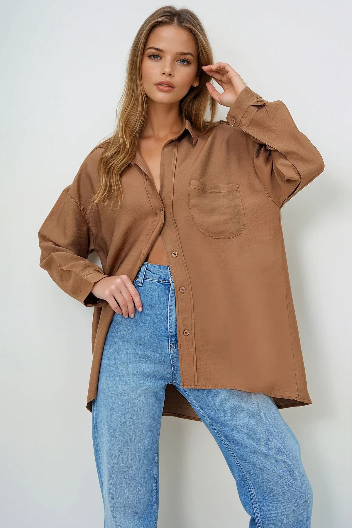 Kahverengi Tek Cepli Oversize Aerobin Keten Gömlek