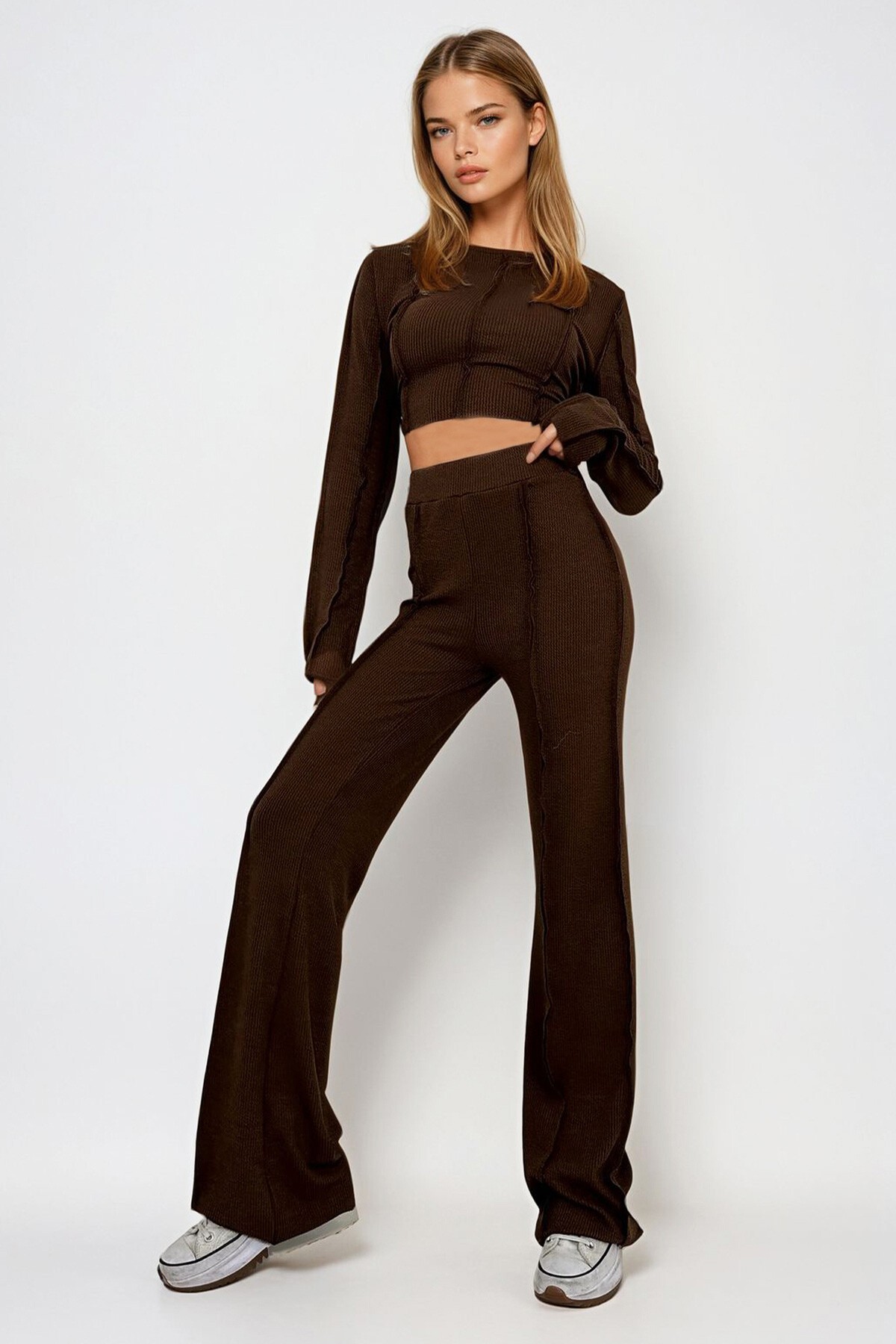 Kahverengi Ters Dikiş Detaylı Likralı Alt Üst Takım