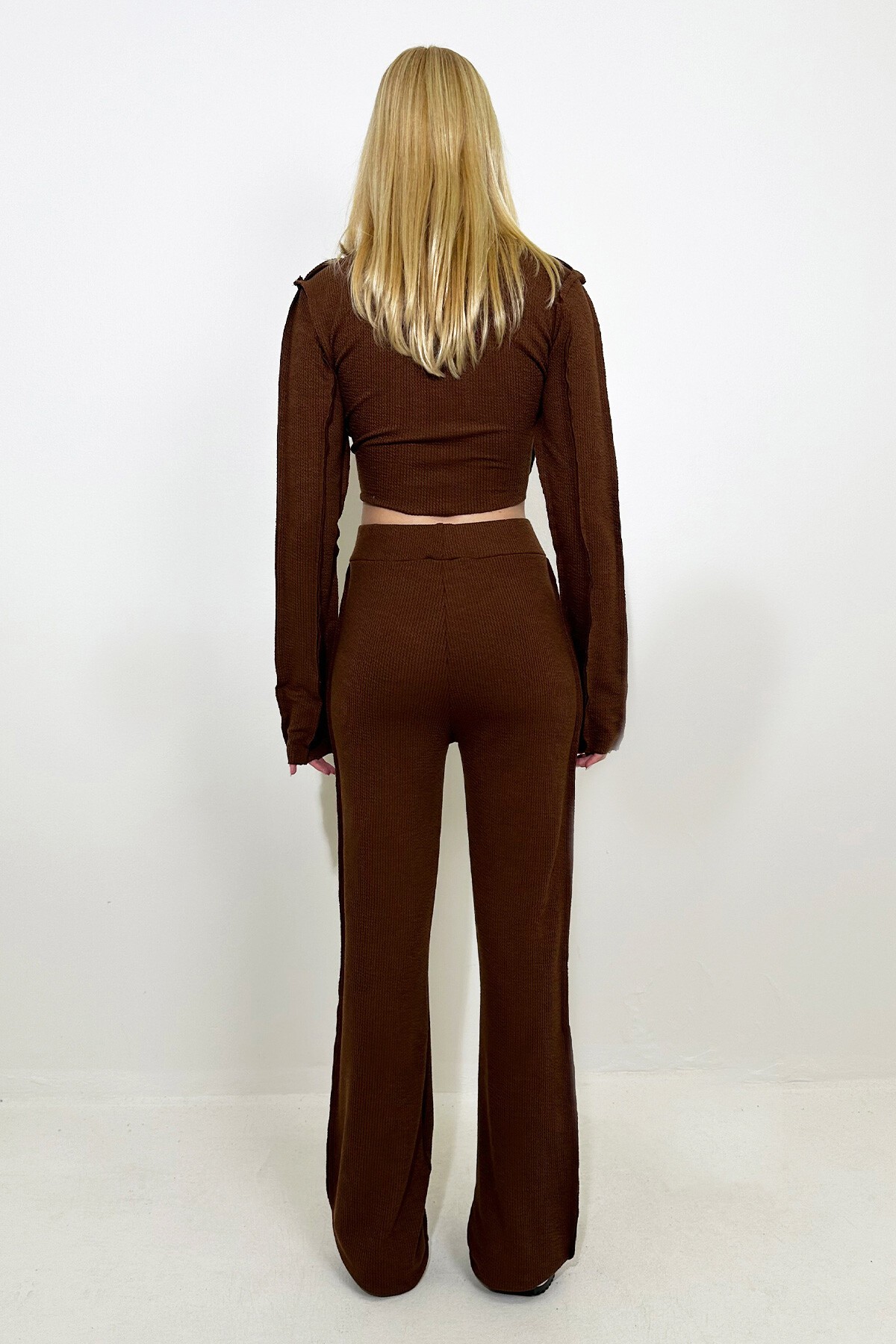 Kahverengi Ters Dikiş Detaylı Likralı Alt Üst Takım