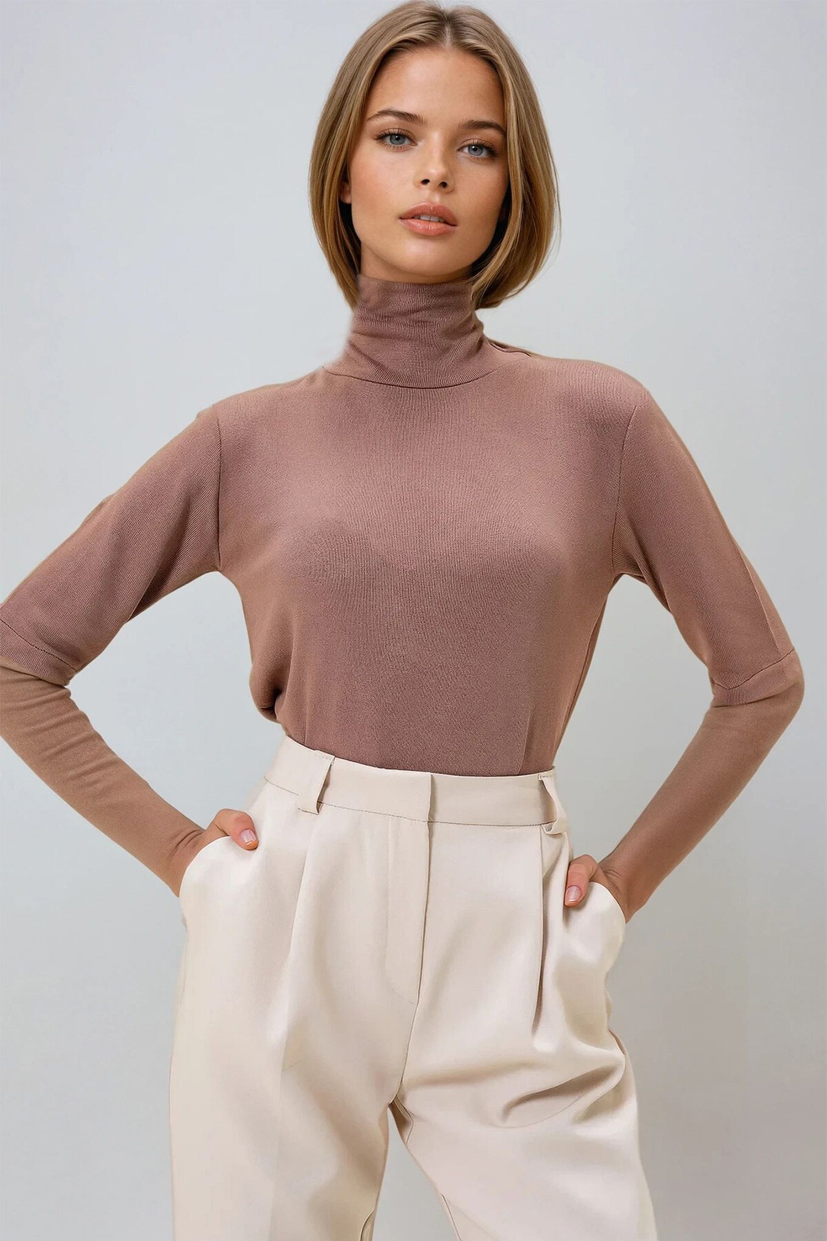 Karamel Yarım Balıkçı Yaka Yarım Kol Triko Bluz