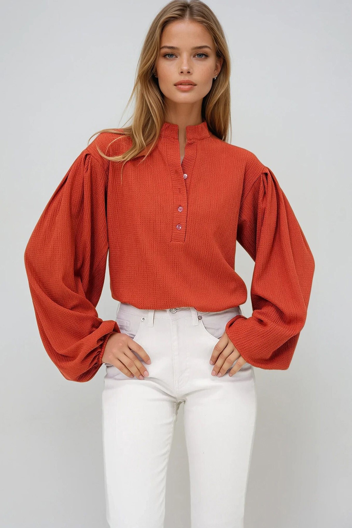 Kiremit Hakim Yaka Önü Düğmeli Balon Kol Dokulu Gömlek Bluz