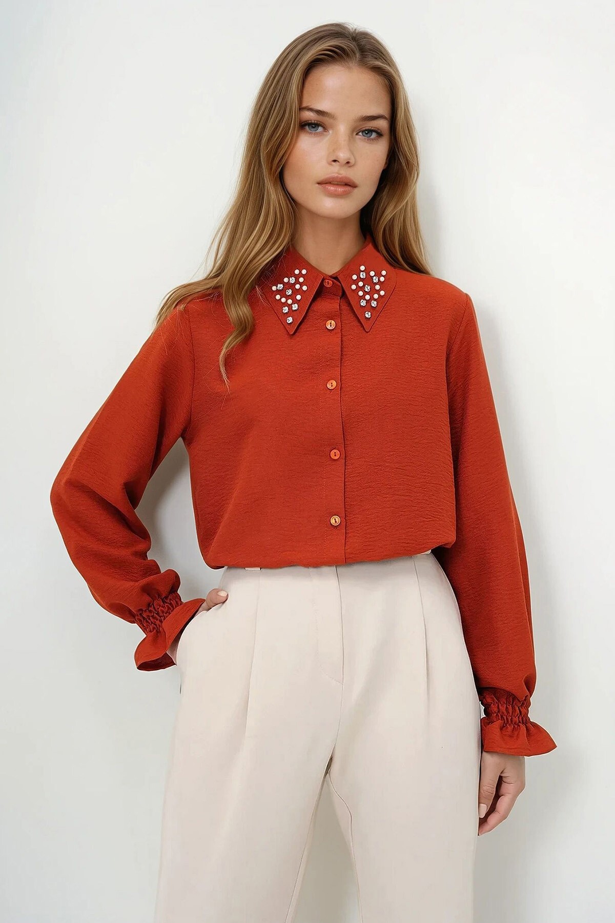 Kiremit İnci Ve Taş İşlemeli Aerobin Gömlek