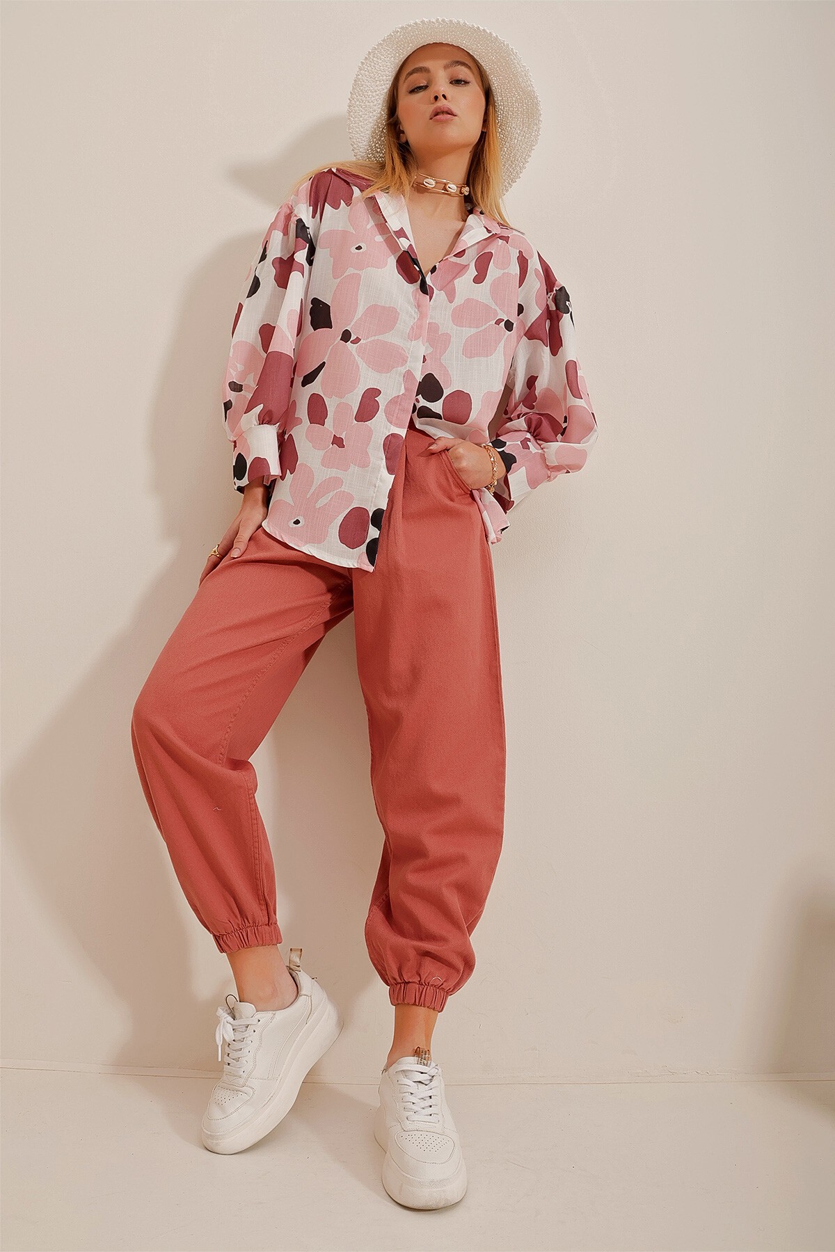 Kiremit Prenses Etnik Desenli Flamlı Keten Dokuma Gömlek