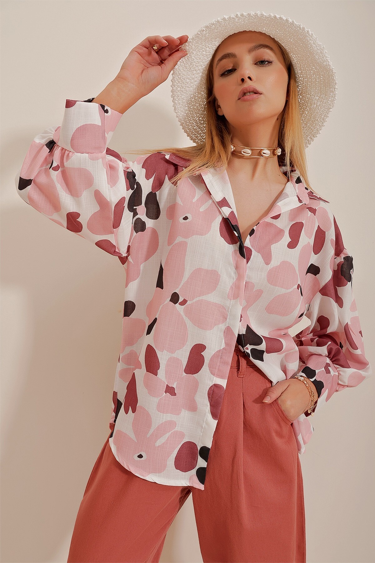 Kiremit Prenses Etnik Desenli Flamlı Keten Dokuma Gömlek