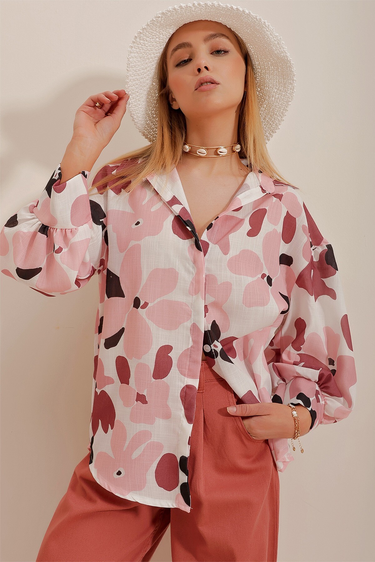 Kiremit Prenses Etnik Desenli Flamlı Keten Dokuma Gömlek