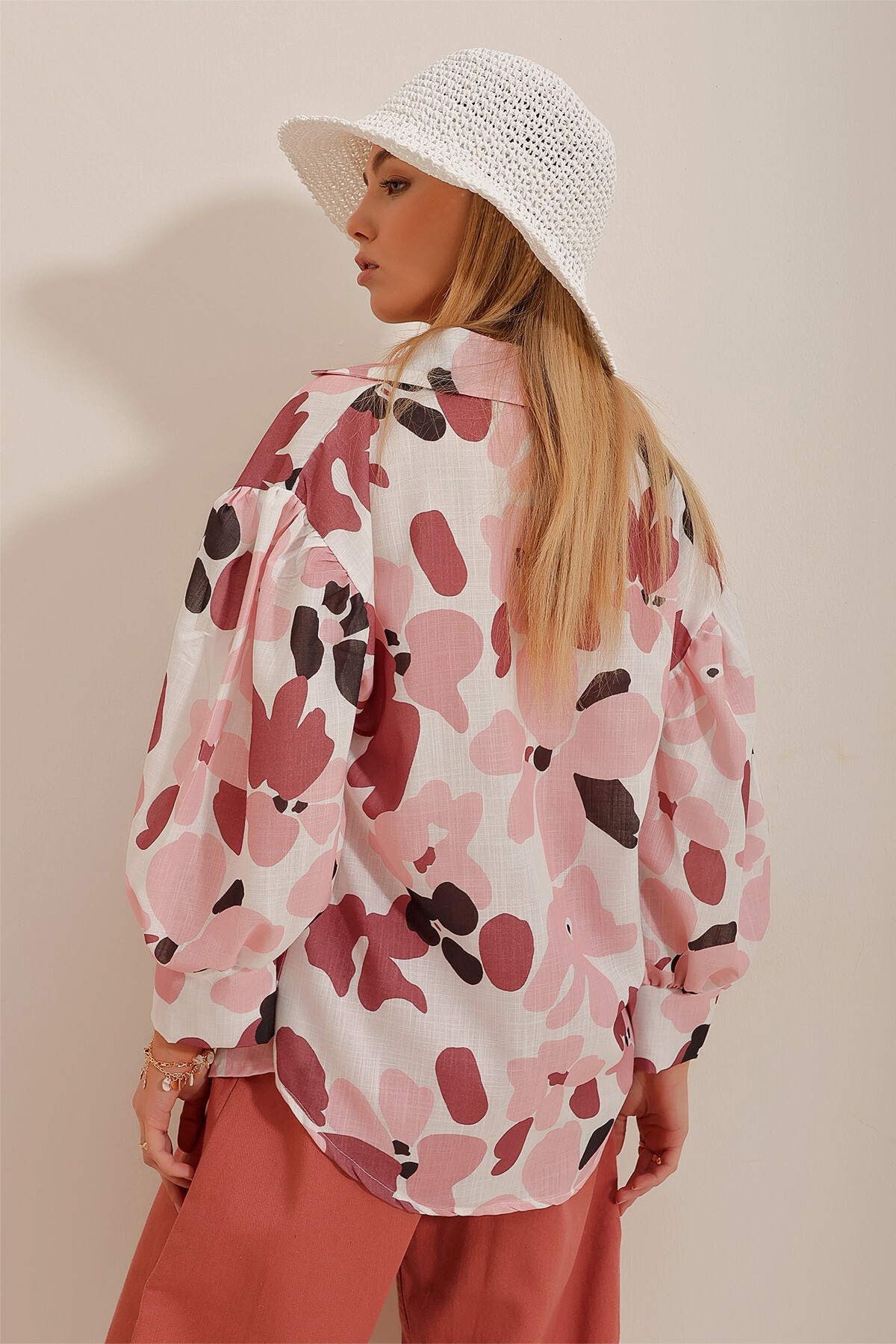 Kiremit Prenses Etnik Desenli Flamlı Keten Dokuma Gömlek