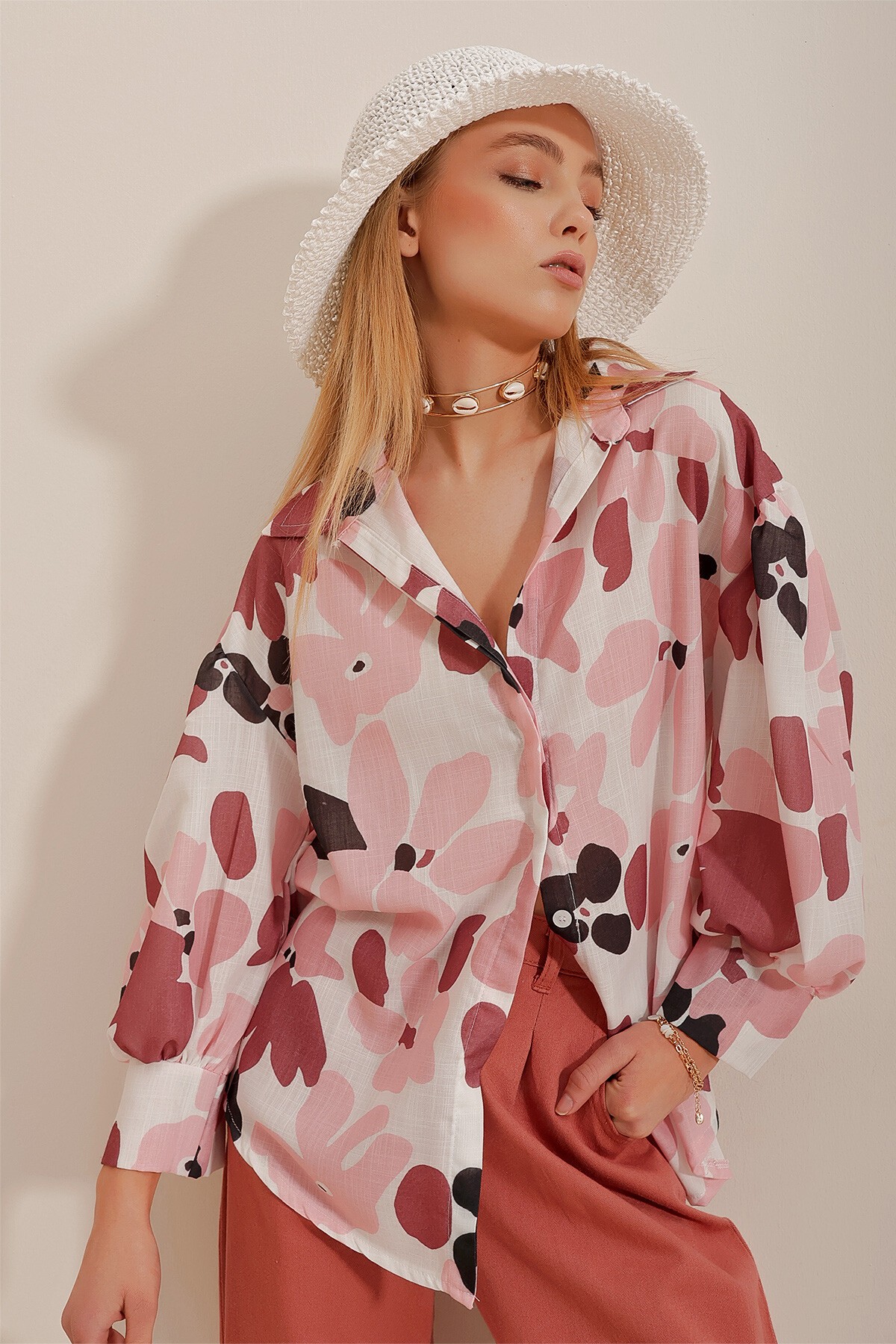 Kiremit Prenses Etnik Desenli Flamlı Keten Dokuma Gömlek