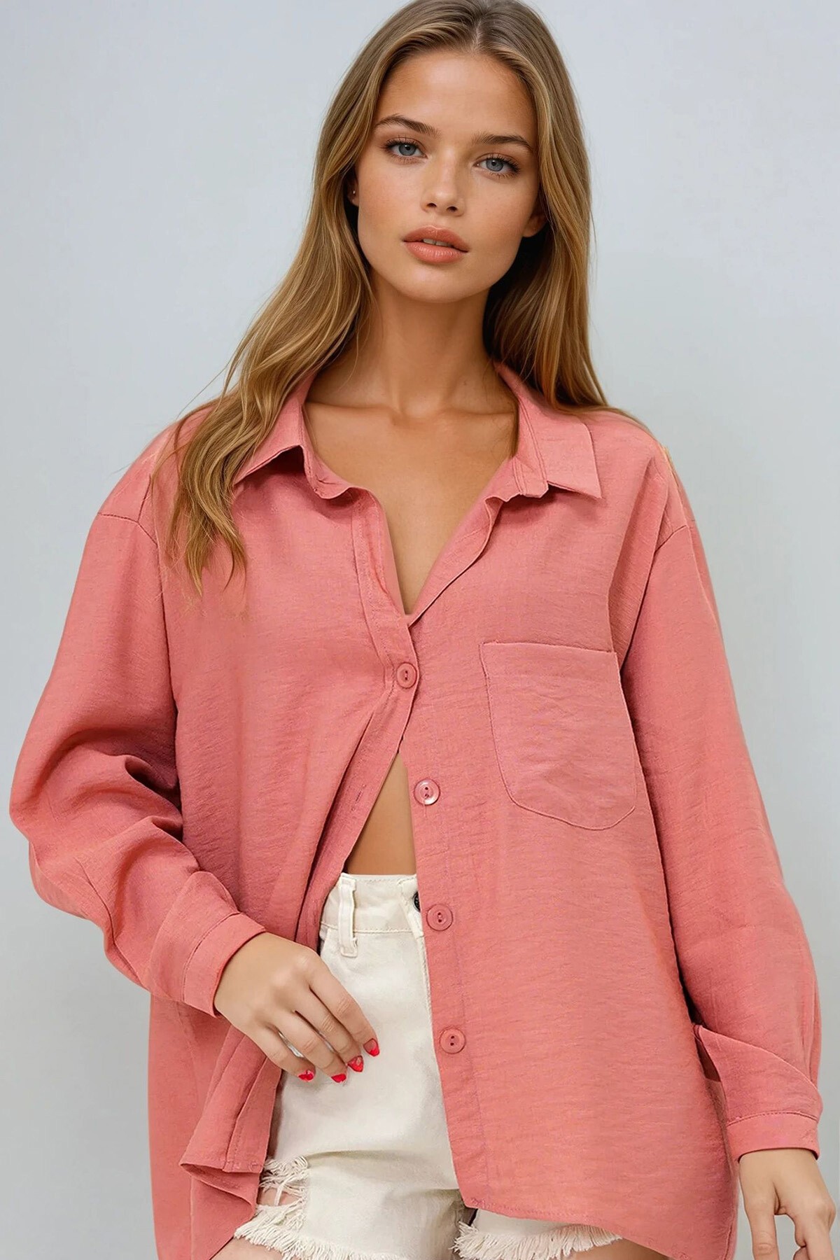 Kiremit Tek Cepli Keten Karışımlı Oversize Gömlek