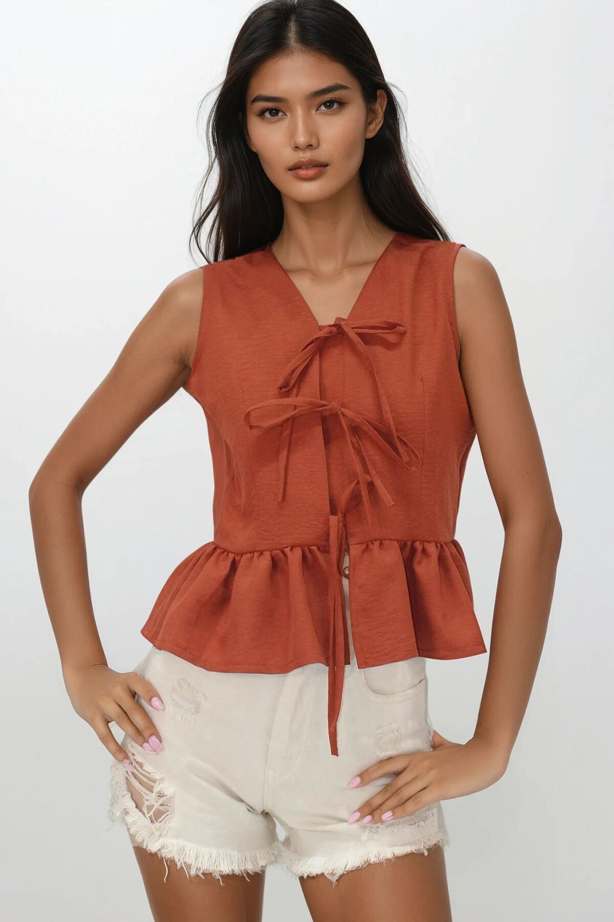 Kiremit V Yaka Fiyonk Detaylı Eteği Volanlı Aerobin Bluz