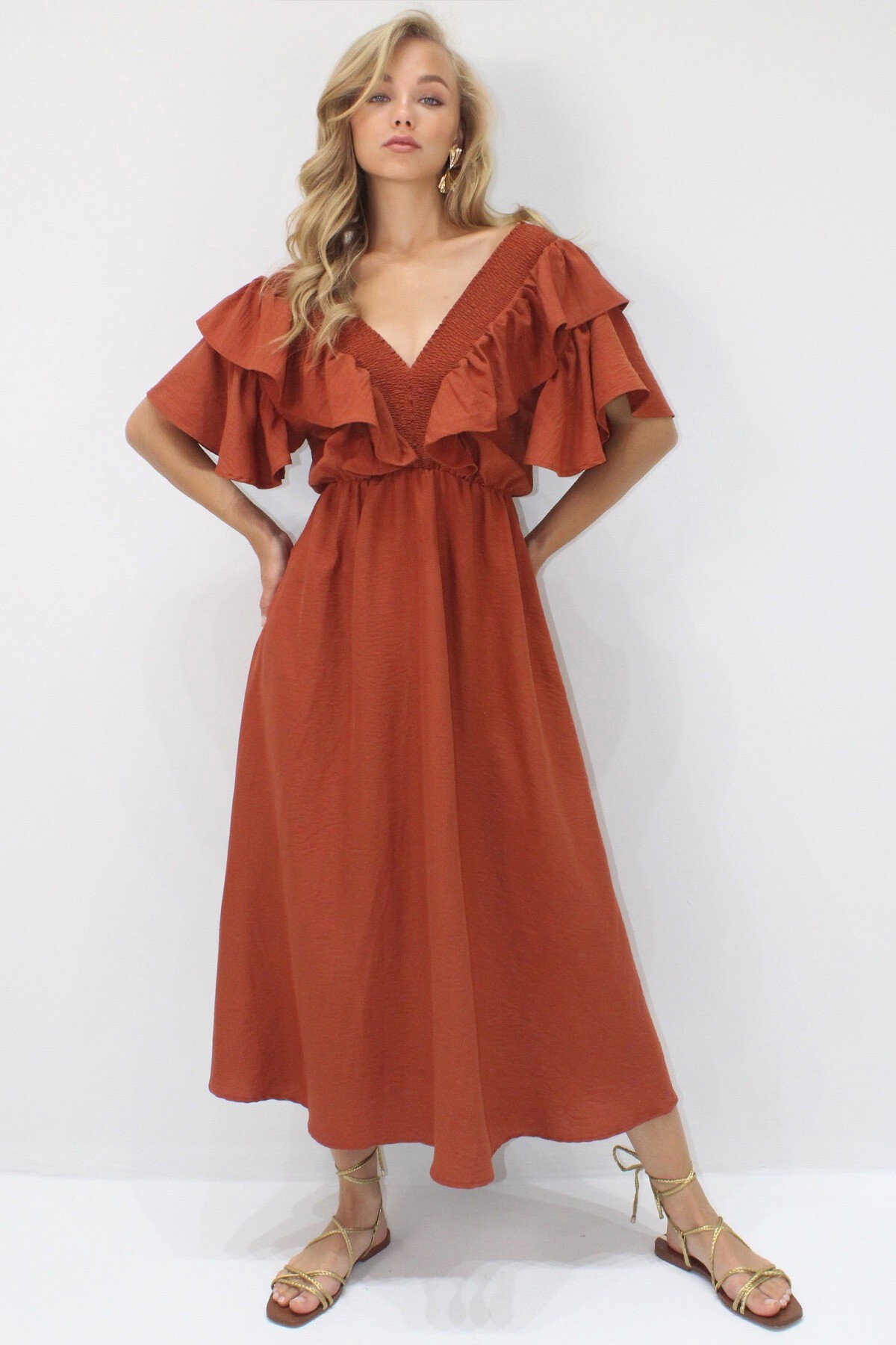 Kiremit Yakası Gipeli Ve Volanlı Beli Midiboy Dokuma Elbise