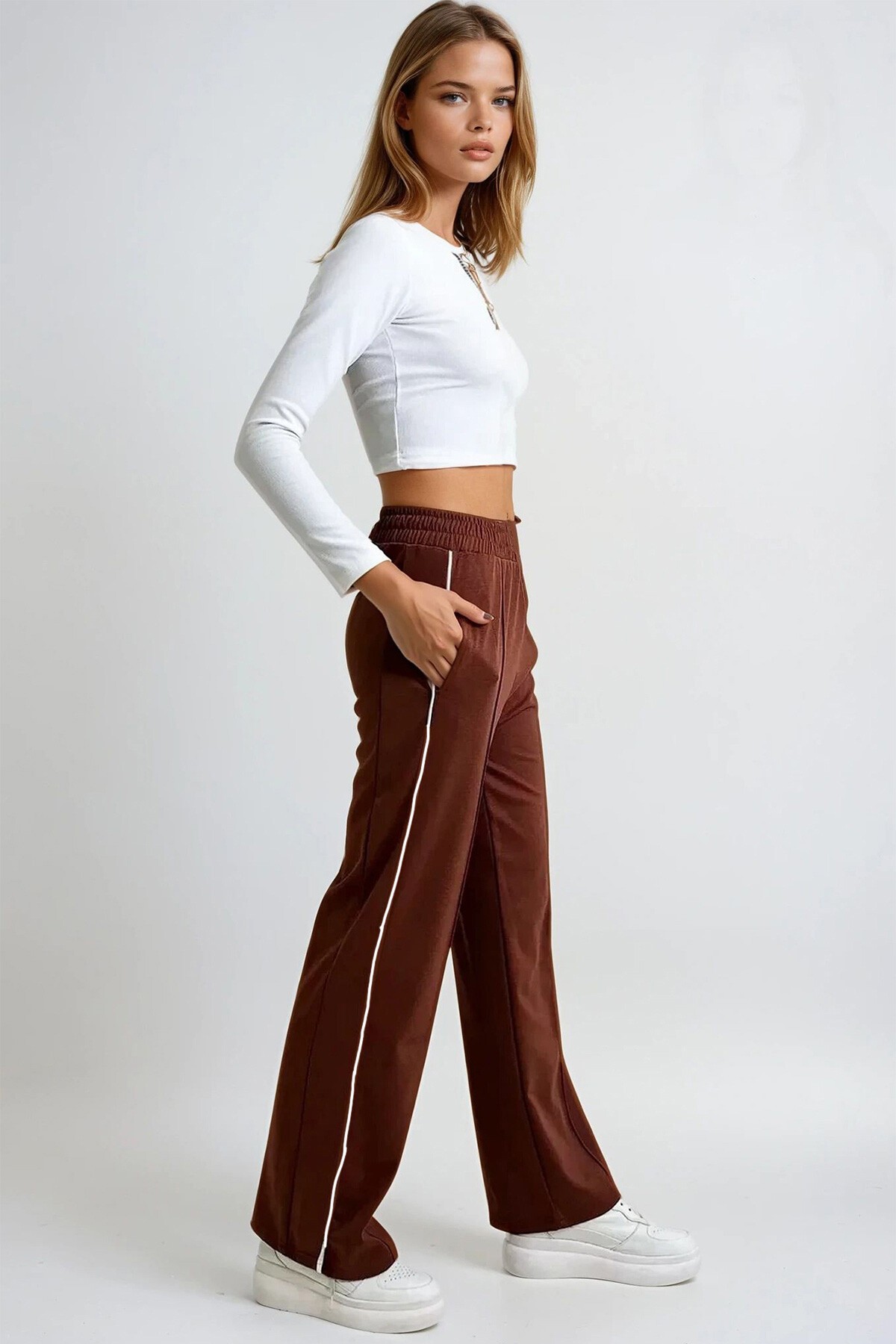 Kiremit Yan Şeritli Önü Çimalı Çift Cepli Retro Pantolon