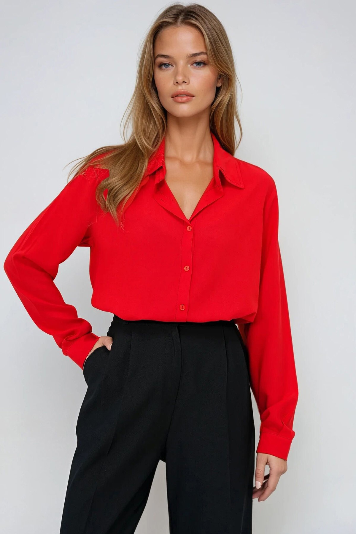 Kırmızı Basic Viscon Dokuma Gömlek