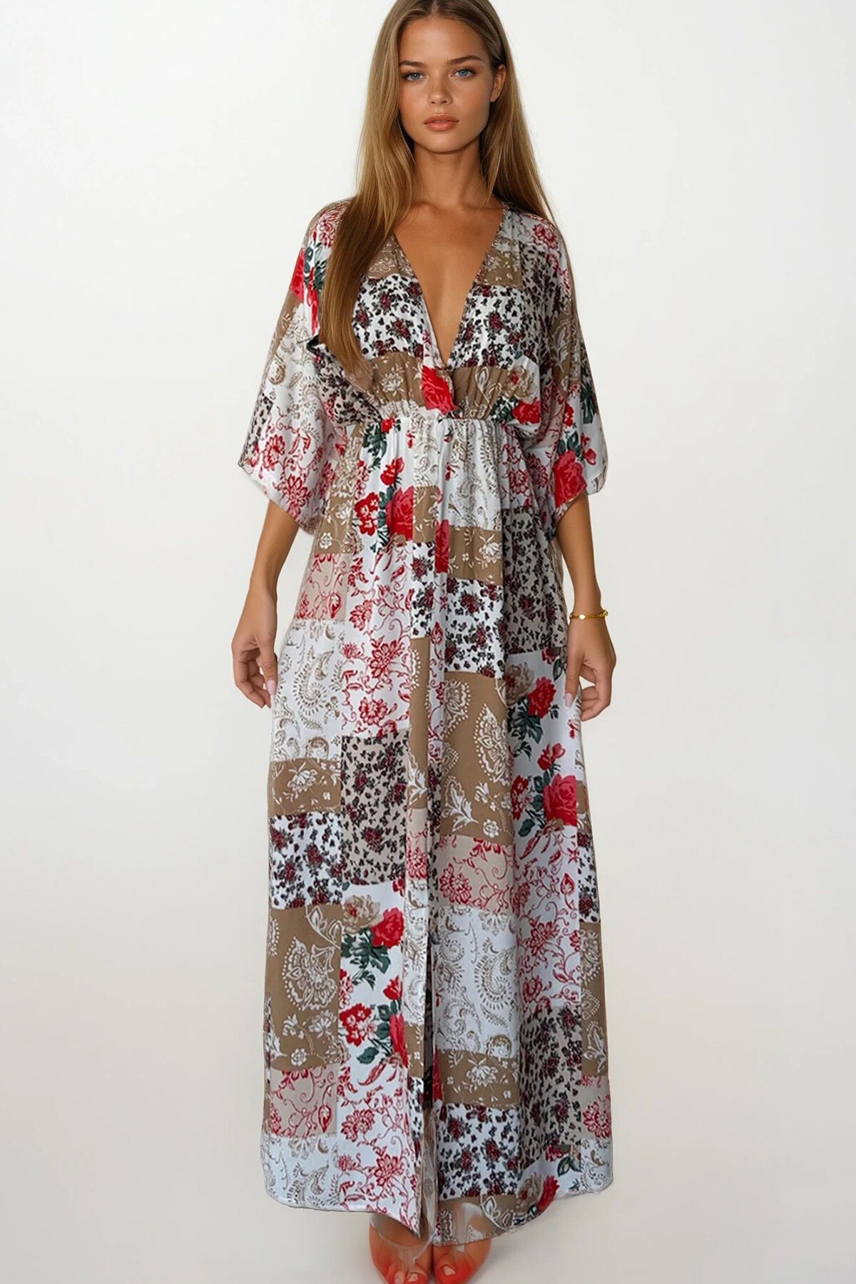 Kırmızı-Bej Etnik Desenli Kruvaze Yaka Beli Lastikli Maxi Boy Elbise