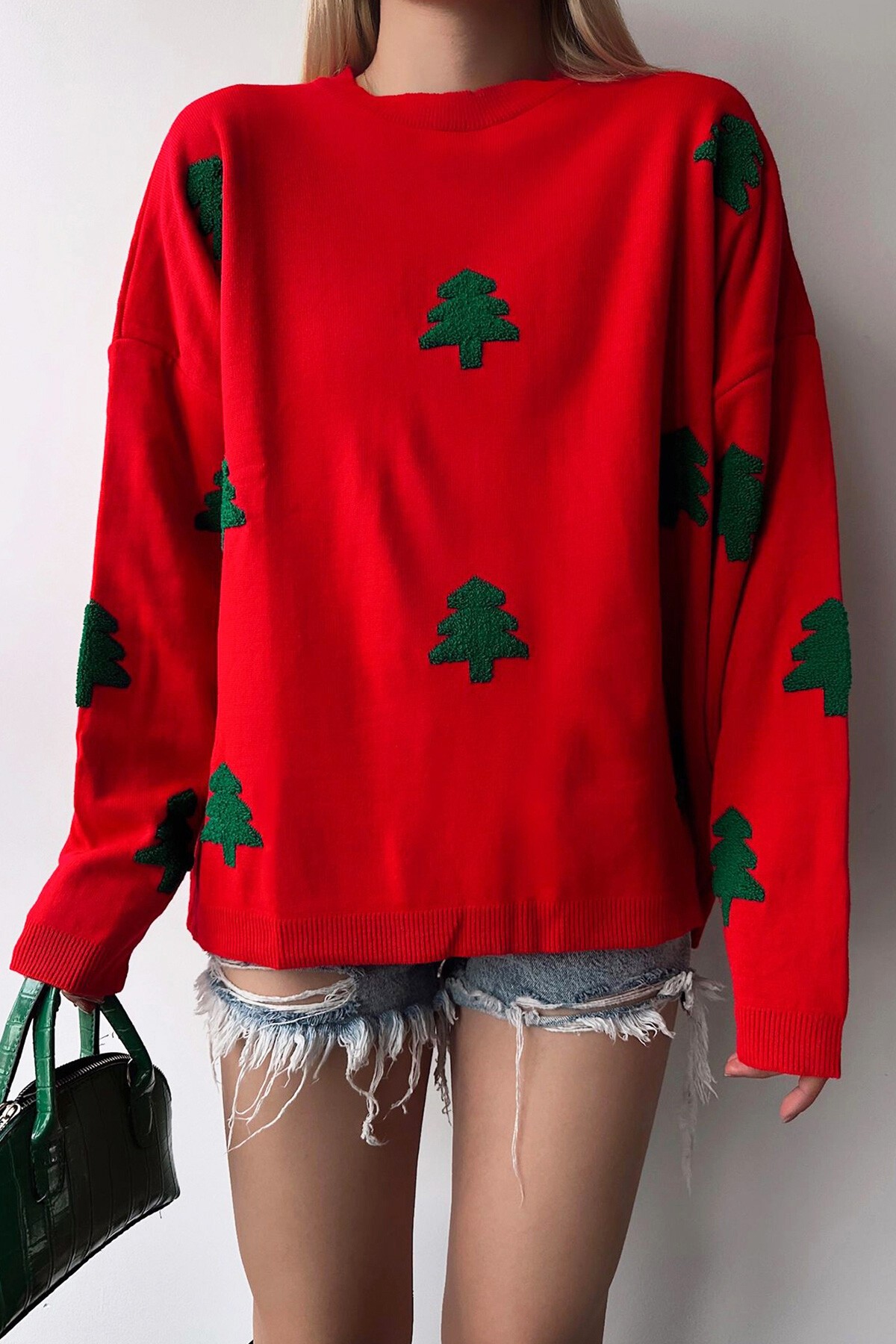 Kırmızı Bisiklet Yaka Ağaç Desenli Triko Kazak