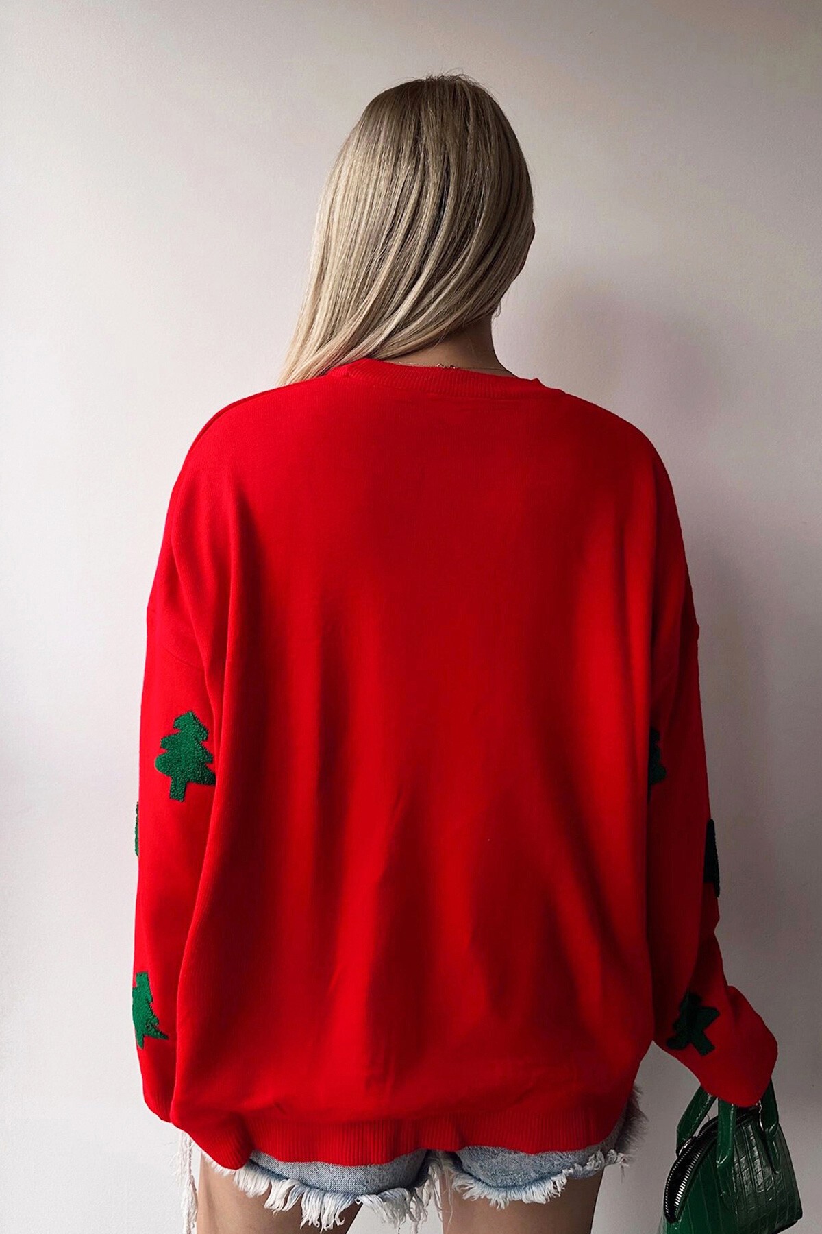 Kırmızı Bisiklet Yaka Ağaç Desenli Triko Kazak