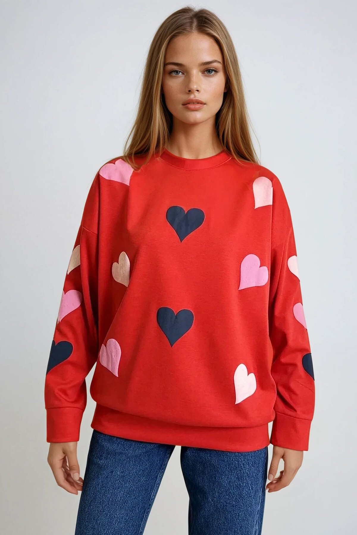 Kırmızı Bisiklet Yaka Kalp Baskılı 2 İplik Oversize Sweatshırt