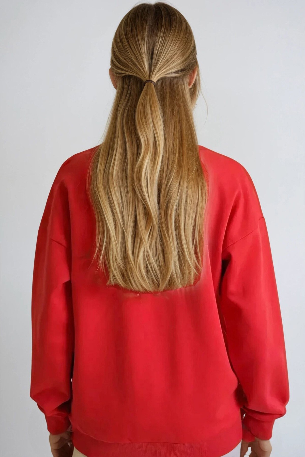 Kırmızı Bisiklet Yaka Kalp Nakışlı Kışlık Kalın Triko Kazak