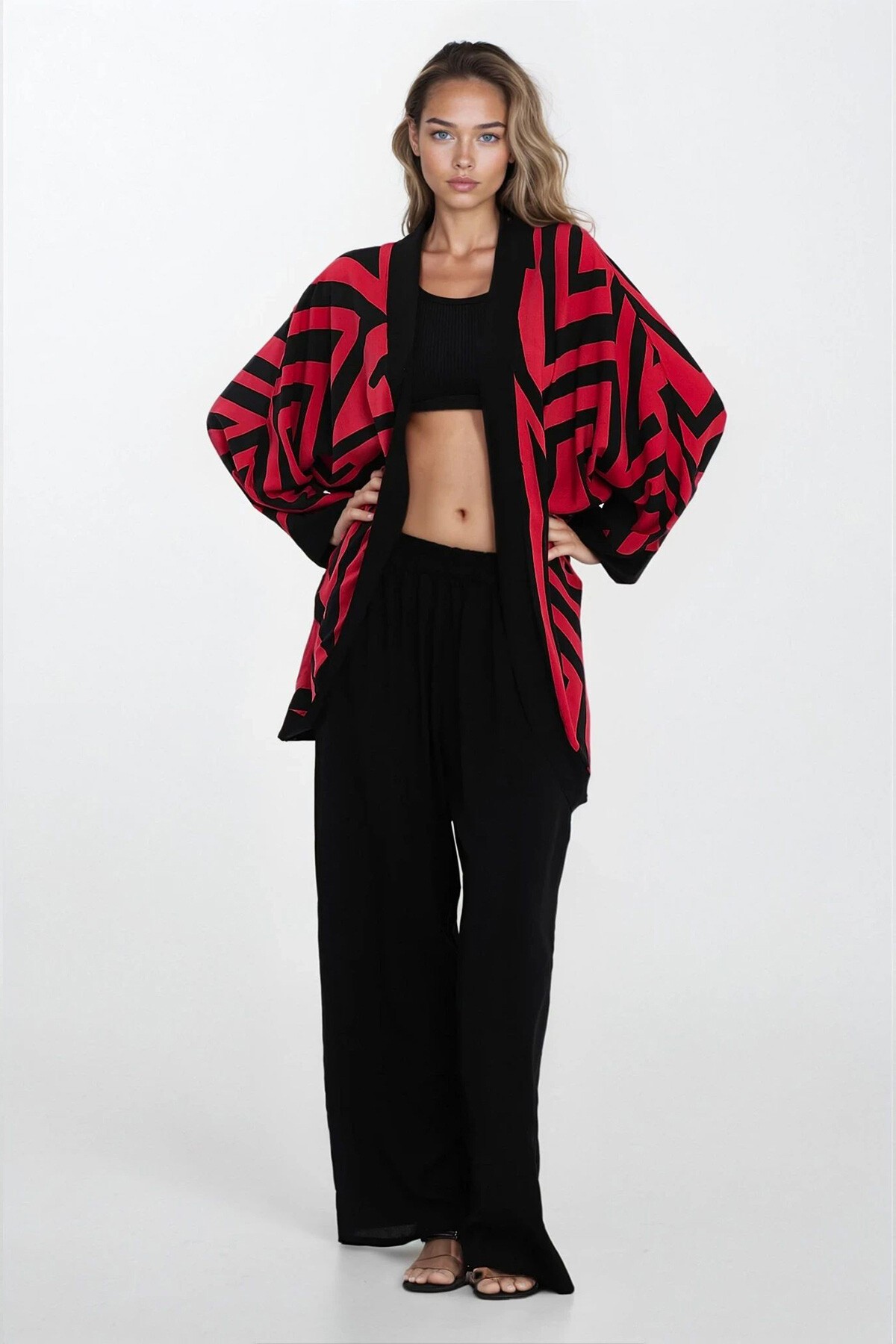 Kırmızı Çift Cepli Beli Lastikli Pantolon Ve Kimono 2Li Takım