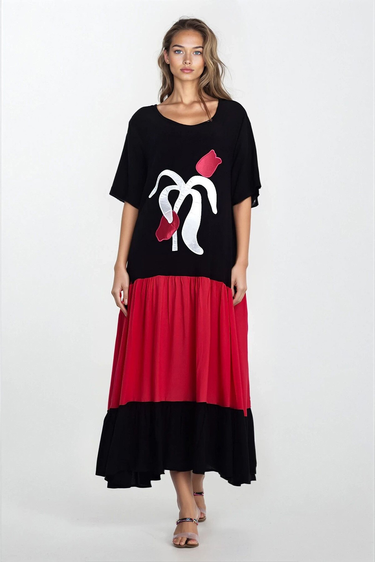 Kırmızı Çift Cepli Çiçek Baskılı Kısa Kollu Elbise