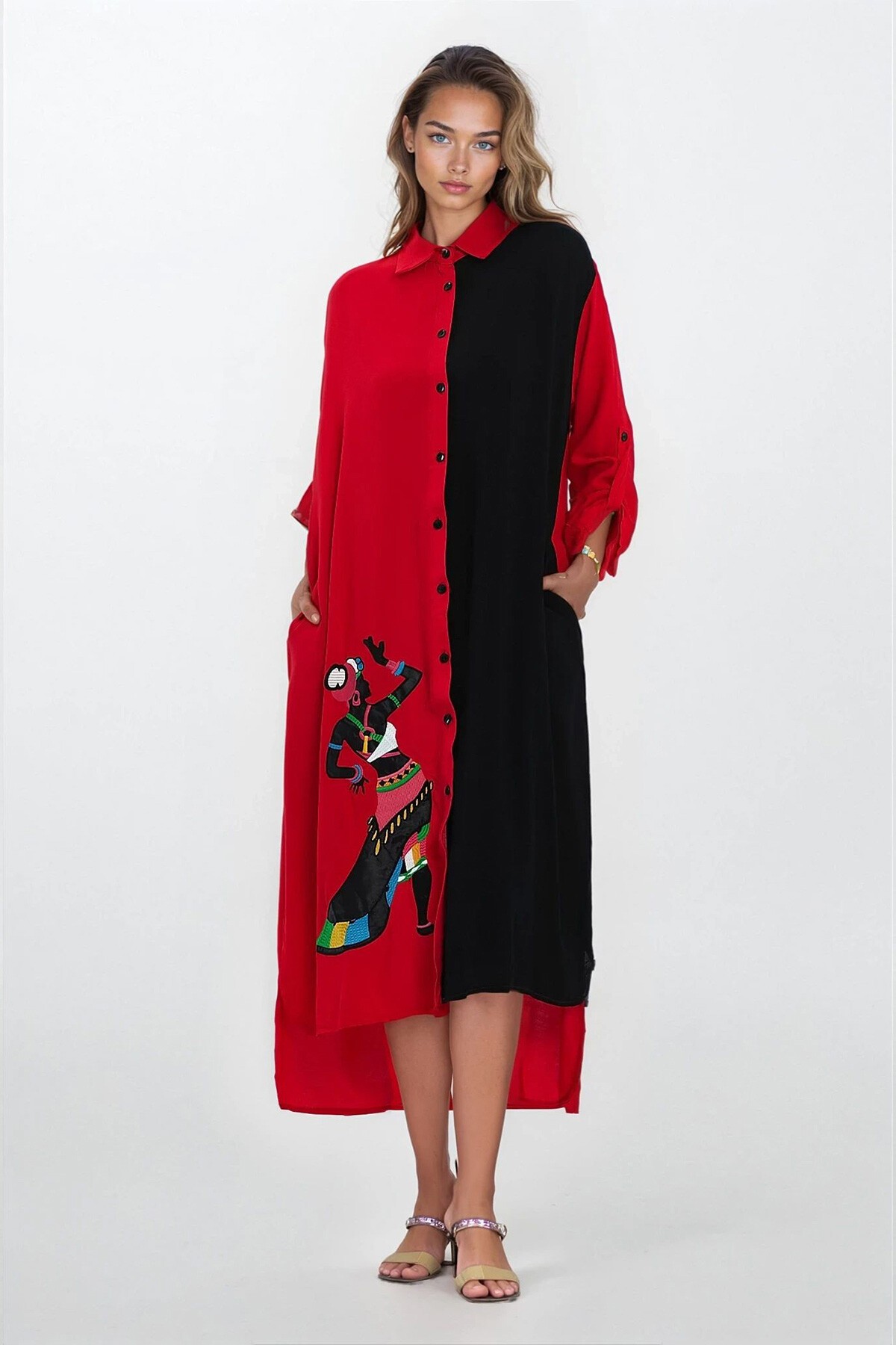 Kırmızı Gömlek Yaka Yırtmaç Detaylı Büyük Beden Gömlek Elbise