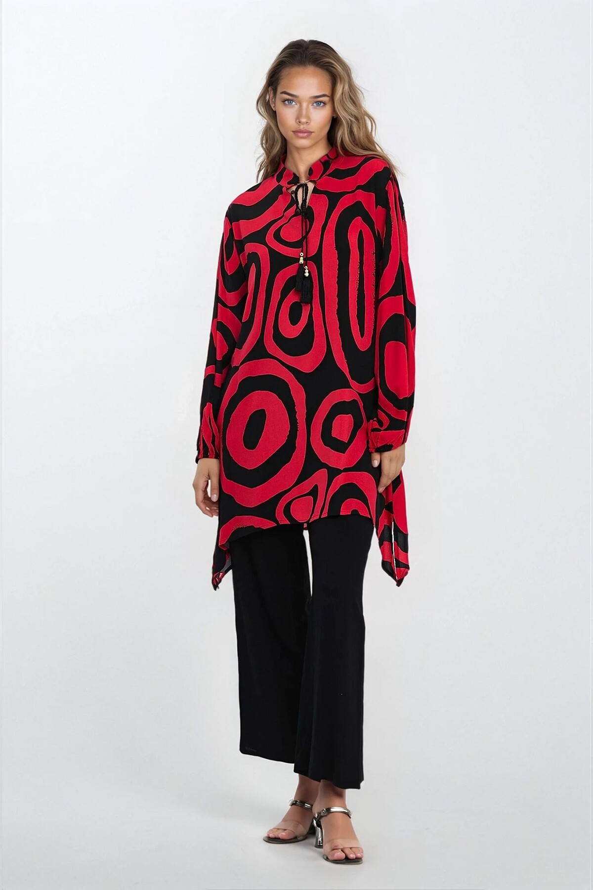 Kırmızı Hakim Yaka Bluz Ve Pantolon Büyük Beden Alt Üst Takım