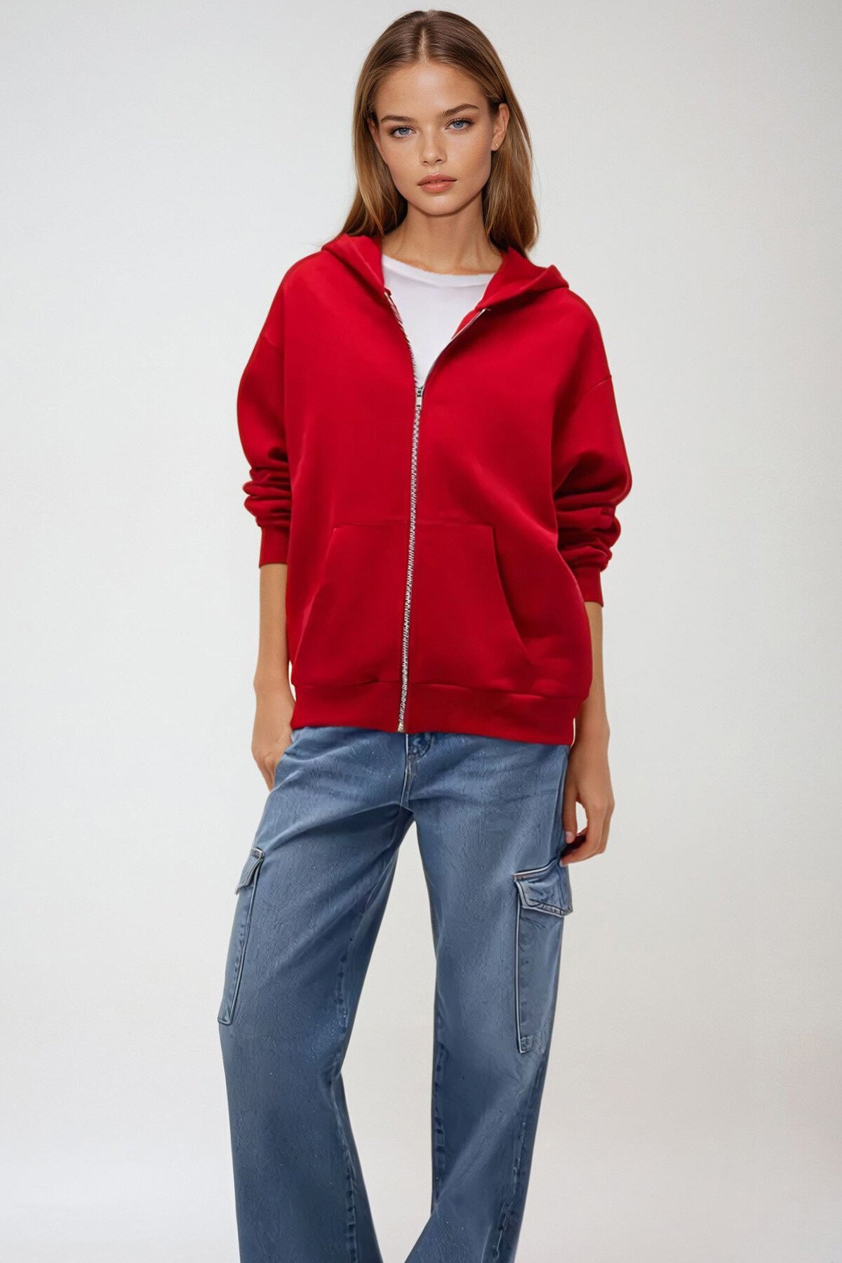 Kırmızı Kapüşonlu Çift Cepli Fermuarlı Oversize Sweatshirt