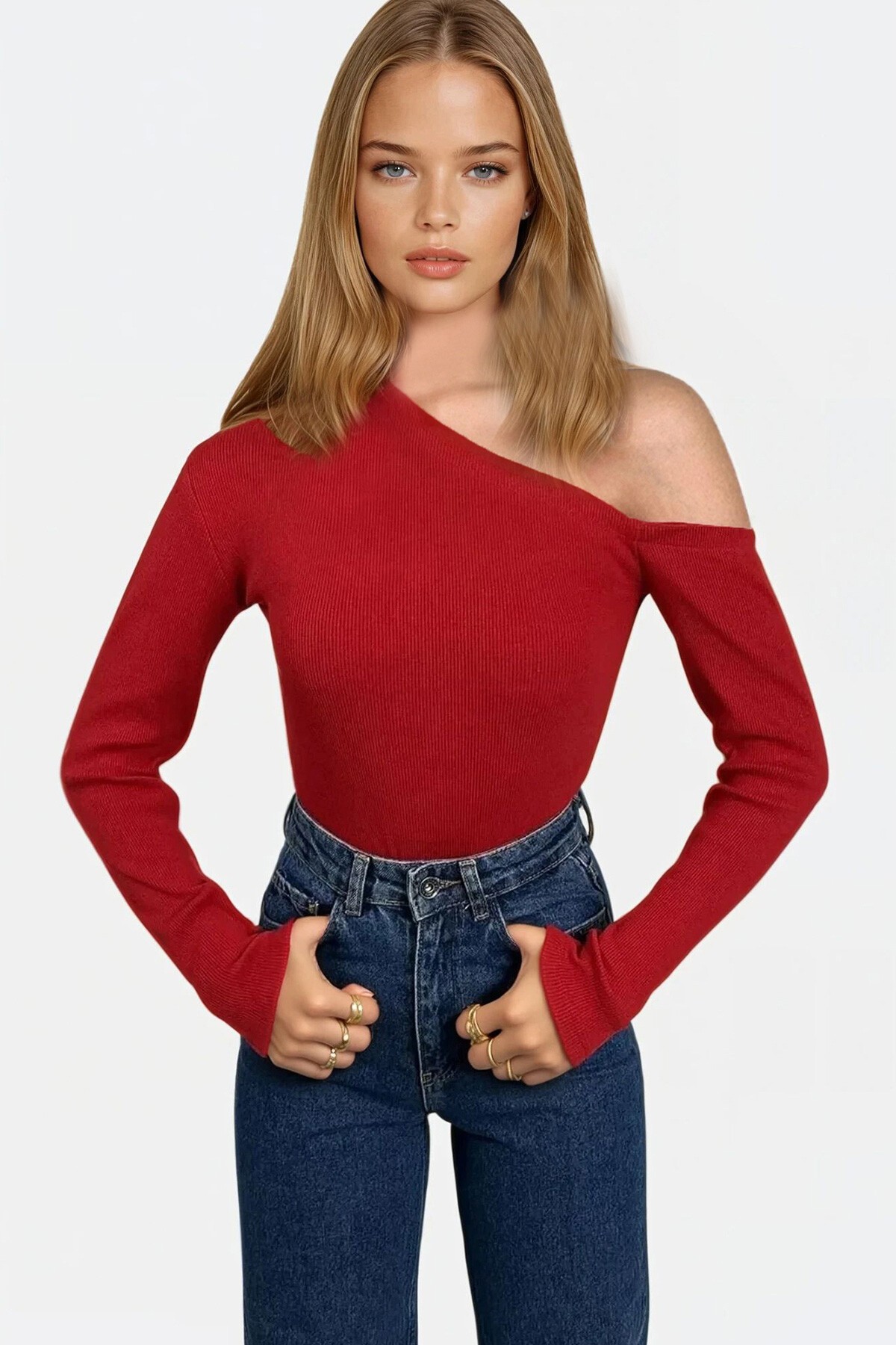 Kırmızı Kayık Yaka Tek Omuzu Açık Kaşkorse Bluz