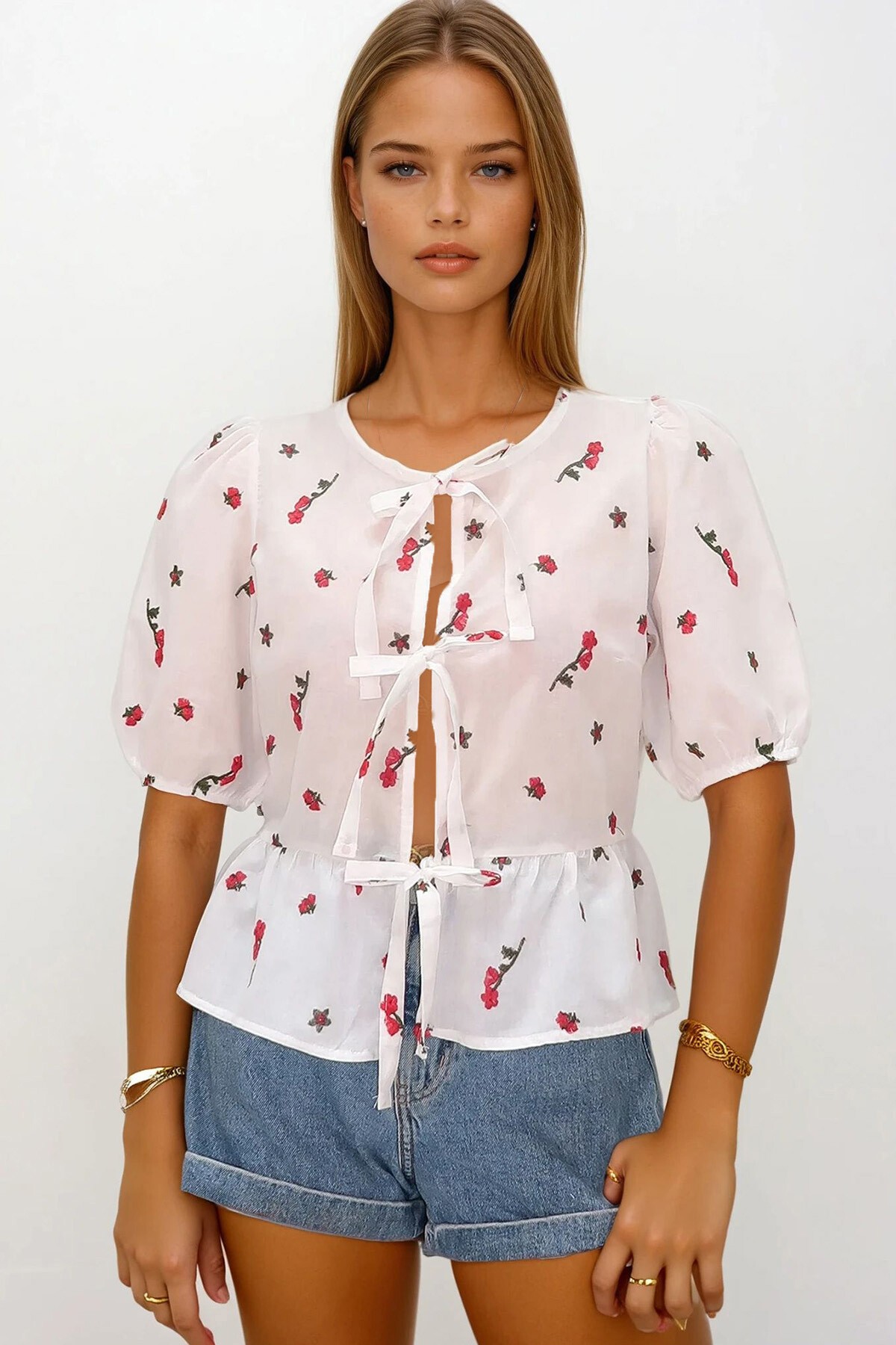 Kırmızı Kolları Lastikli Bağlamalı Çiçek Nakışlı Bluz