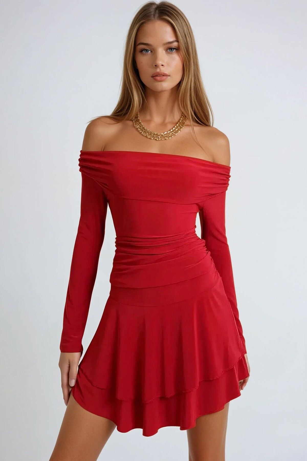 Kırmızı Madonna Yaka Eteği Volanlı Sandy Elbise