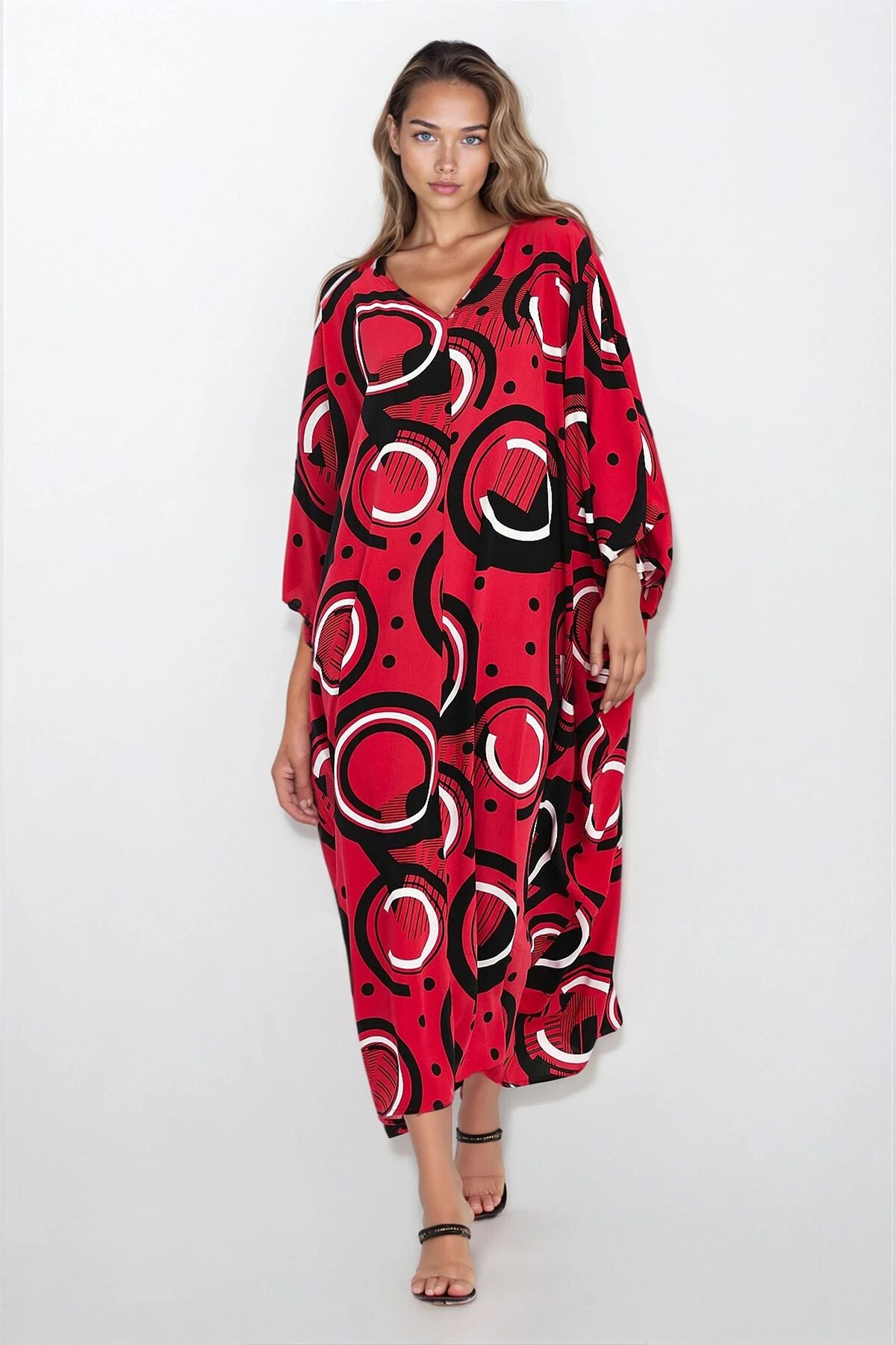 Kırmızı Maxi Boy Baskılı Viskon Büyük Beden Elbise