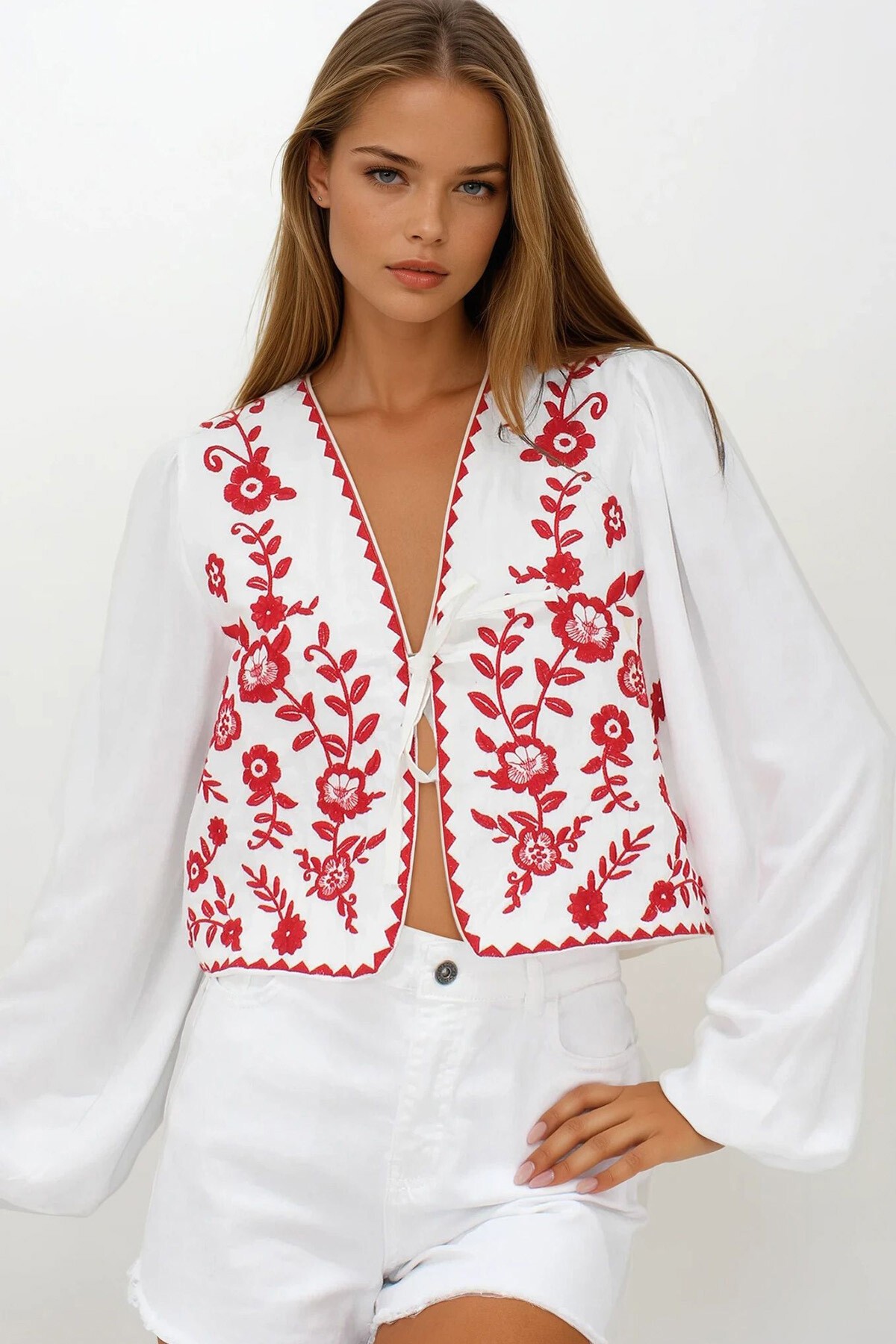Kırmızı Nakışlı Bağlamalı Ceten Crop Ceket