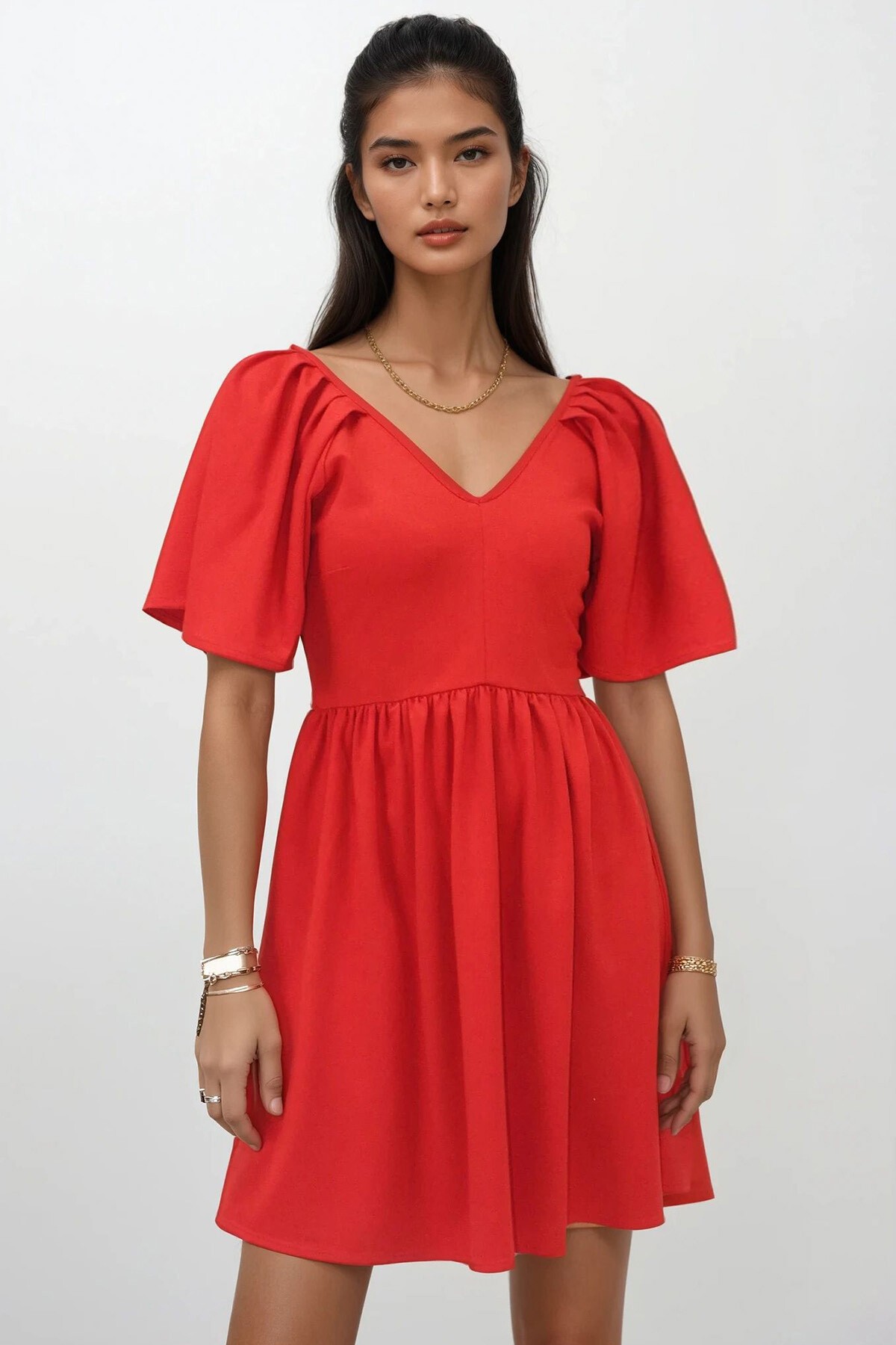 Kırmızı Ön Arka V Yaka Kısa Kol Mini Örme Elbise